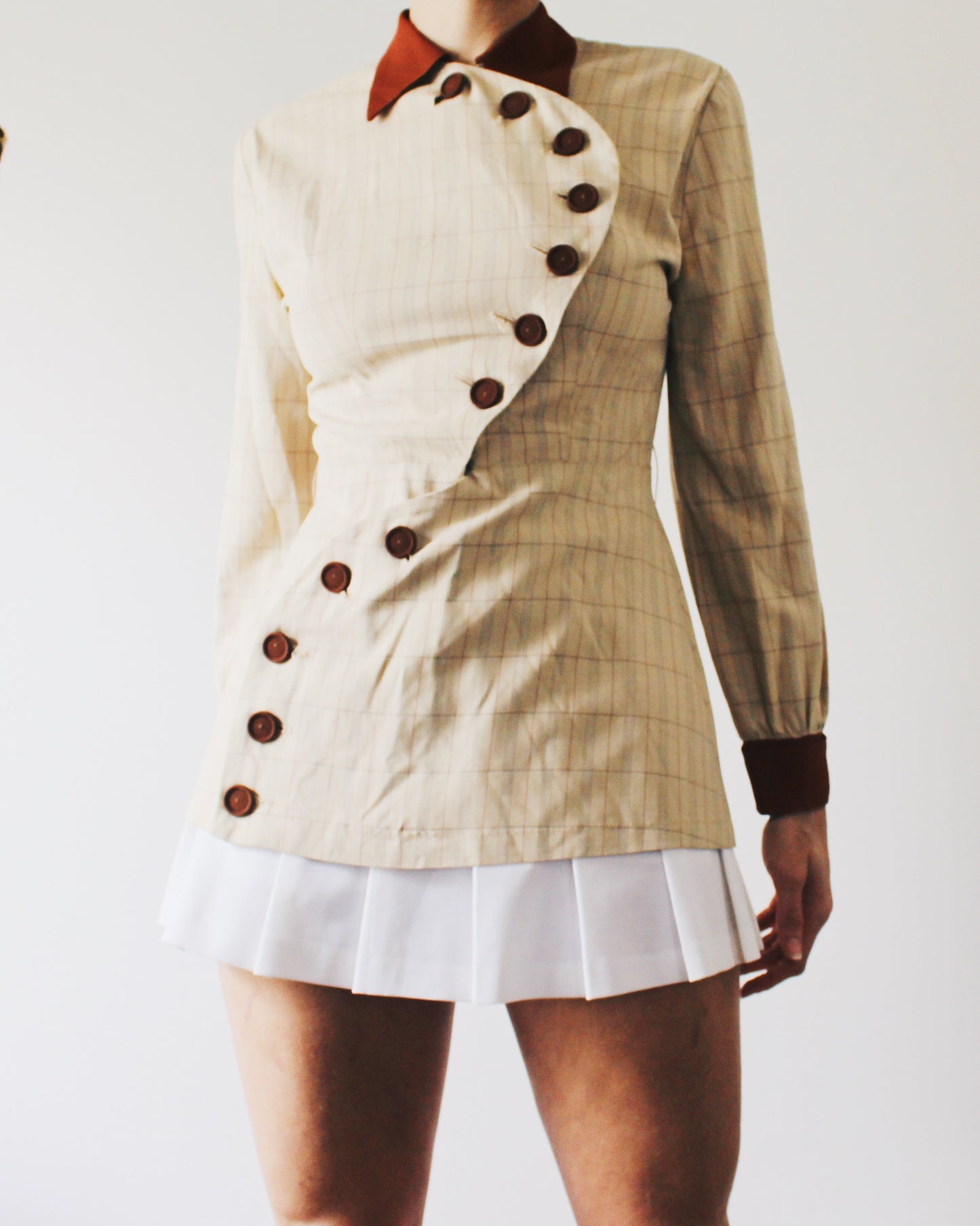 Rare 1970s Vintage Handmade Blouse – Academic Prep School Style, Intellectual Fall Fashion with Stripes & Unique Button Detail