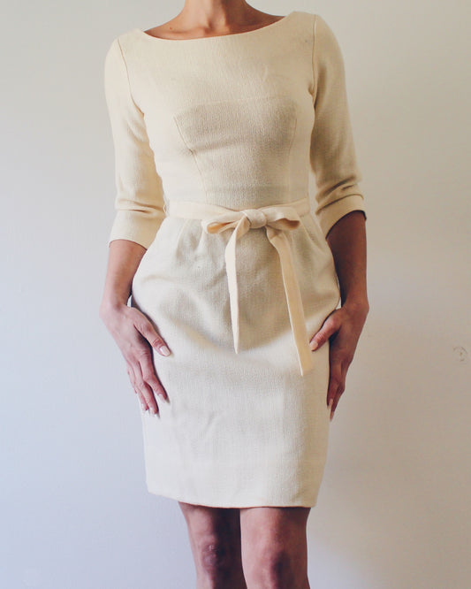Vintage 60s Cream Wool Dress – Mod Midi with Bow Waist, ¾ Sleeves, Mad Men Style, Sophisticated Retro