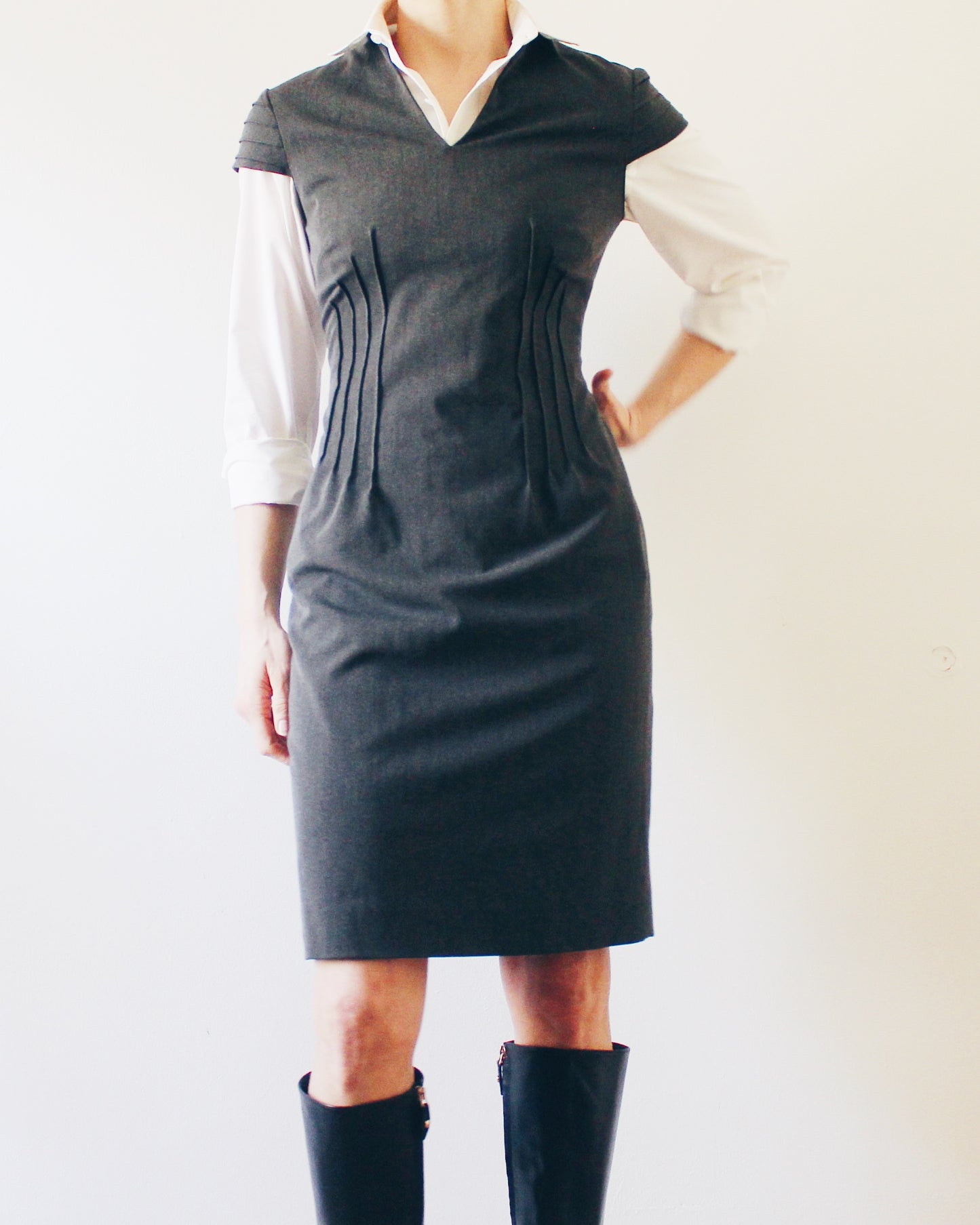 Office Layering Dress Gray Work Dress Professional Office Sheath Dress Short Sleeve Semi Formal Business Casual