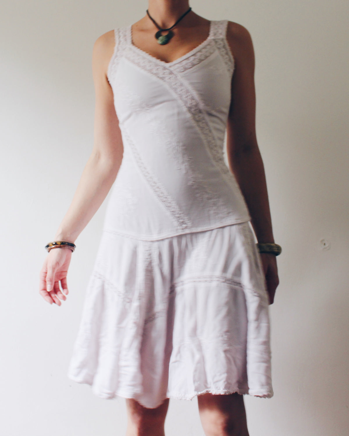 Vintage 90s Coline Whimsygoth Dress, Off White Cotton Floral Embroidered Lace Patchwork, Drop Waist Hippie Boho Dress