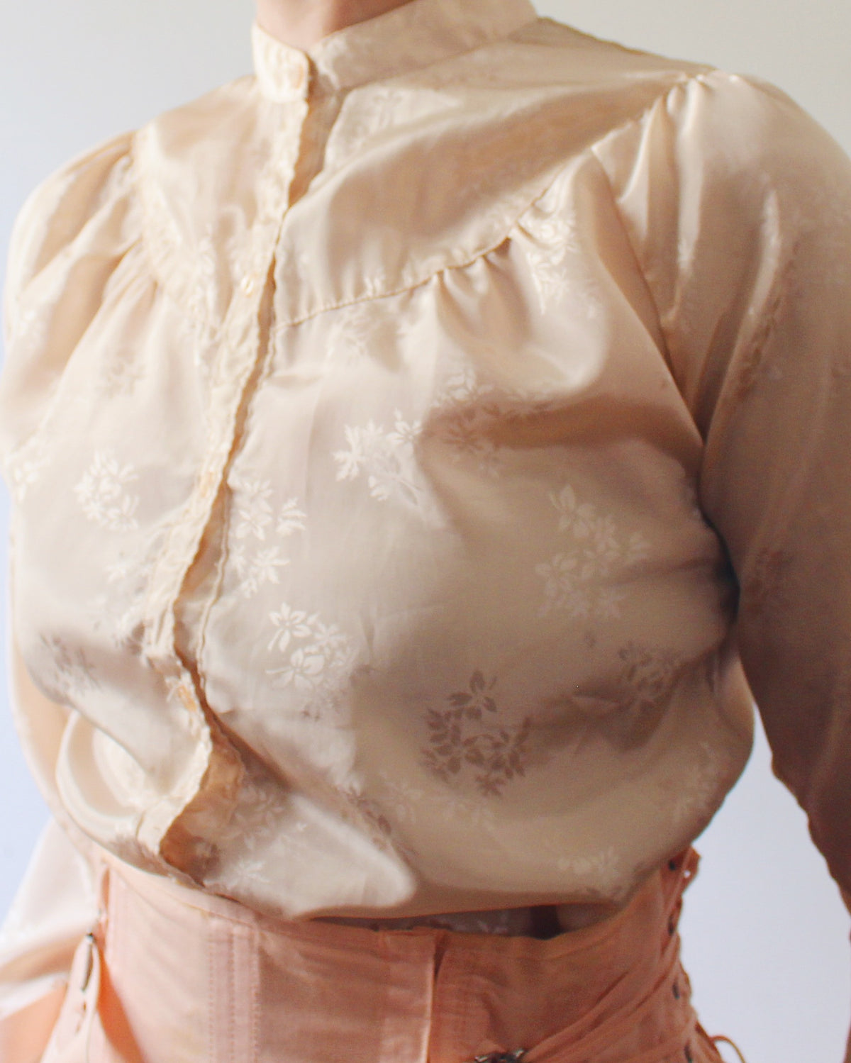 Vintage 80s Changing Scene Silky Symphony Floral Blouse, Light Peach Pink Print, Soft Goth Romance Style Shirt
