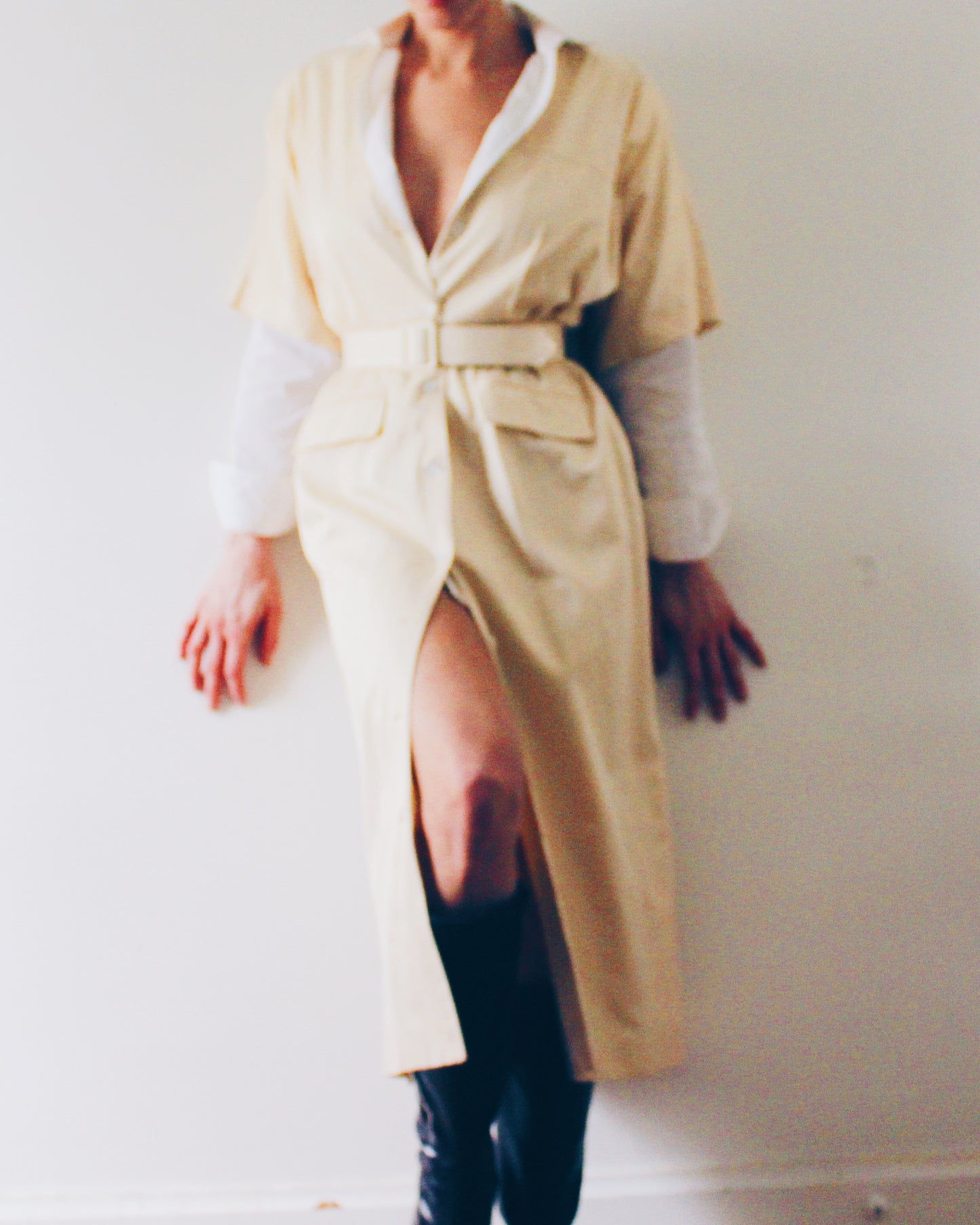 Vintage 90s Silk Trench‑Style Short Sleeve Dress – Cream Belted Waist, Professional Chic Maxi Dress