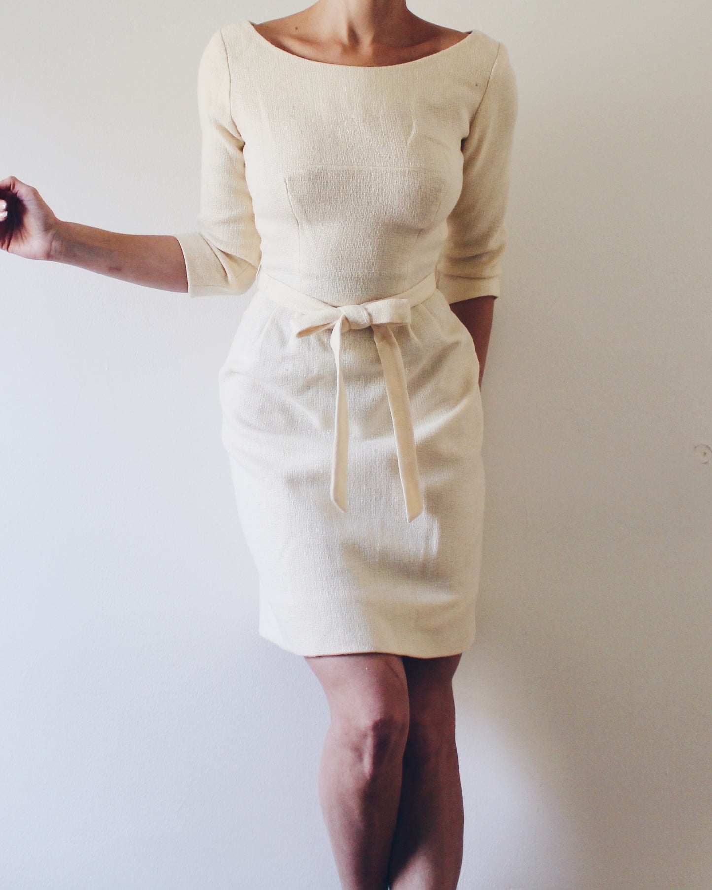 Vintage 60s Cream Wool Dress – Mod Midi with Bow Waist, ¾ Sleeves, Mad Men Style, Sophisticated Retro