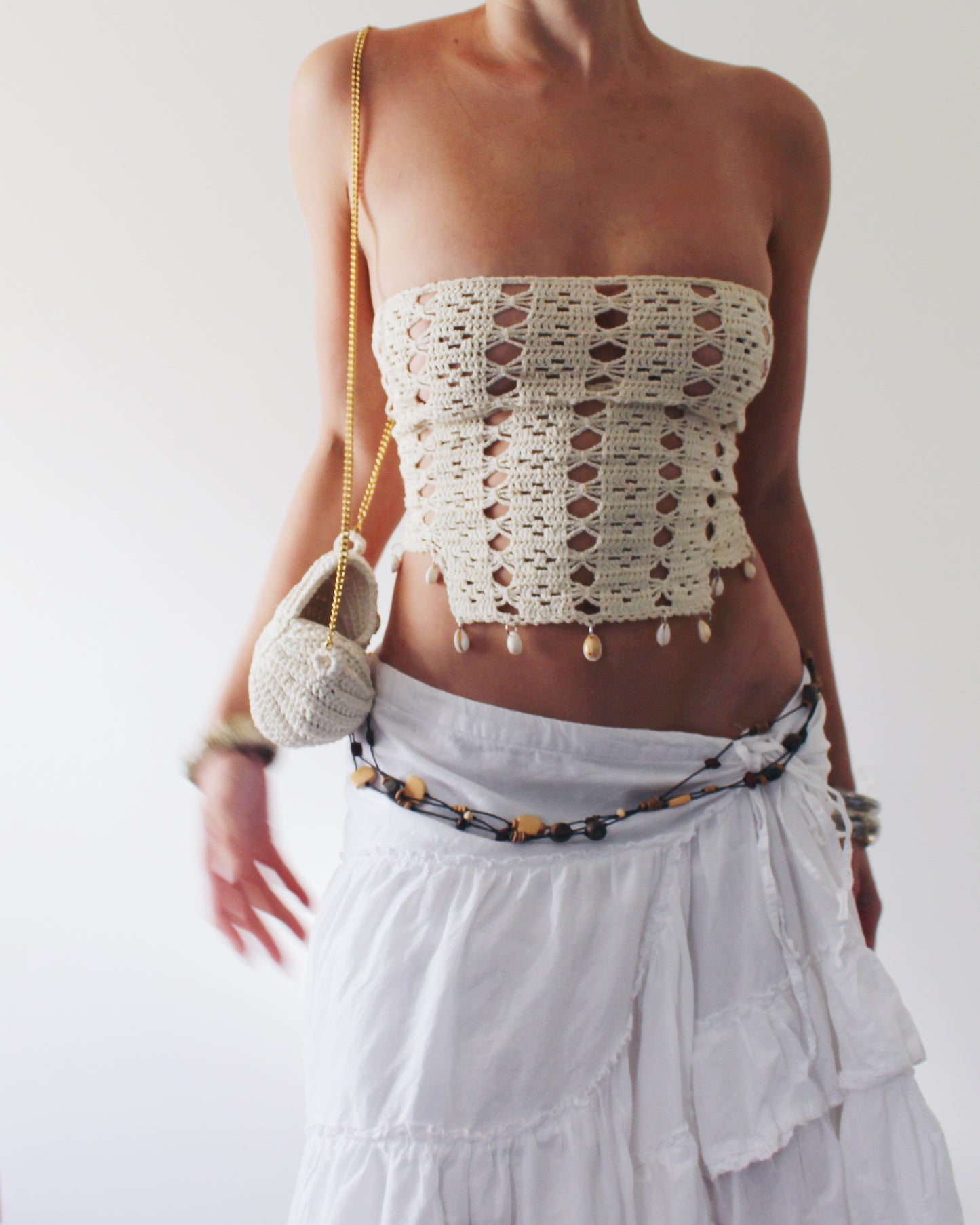 Handmade Crochet Doily Top with Cowrie Shells – Upcycled Boho Beach Sleeveless Crop, Mermaidcore Layering Piece
