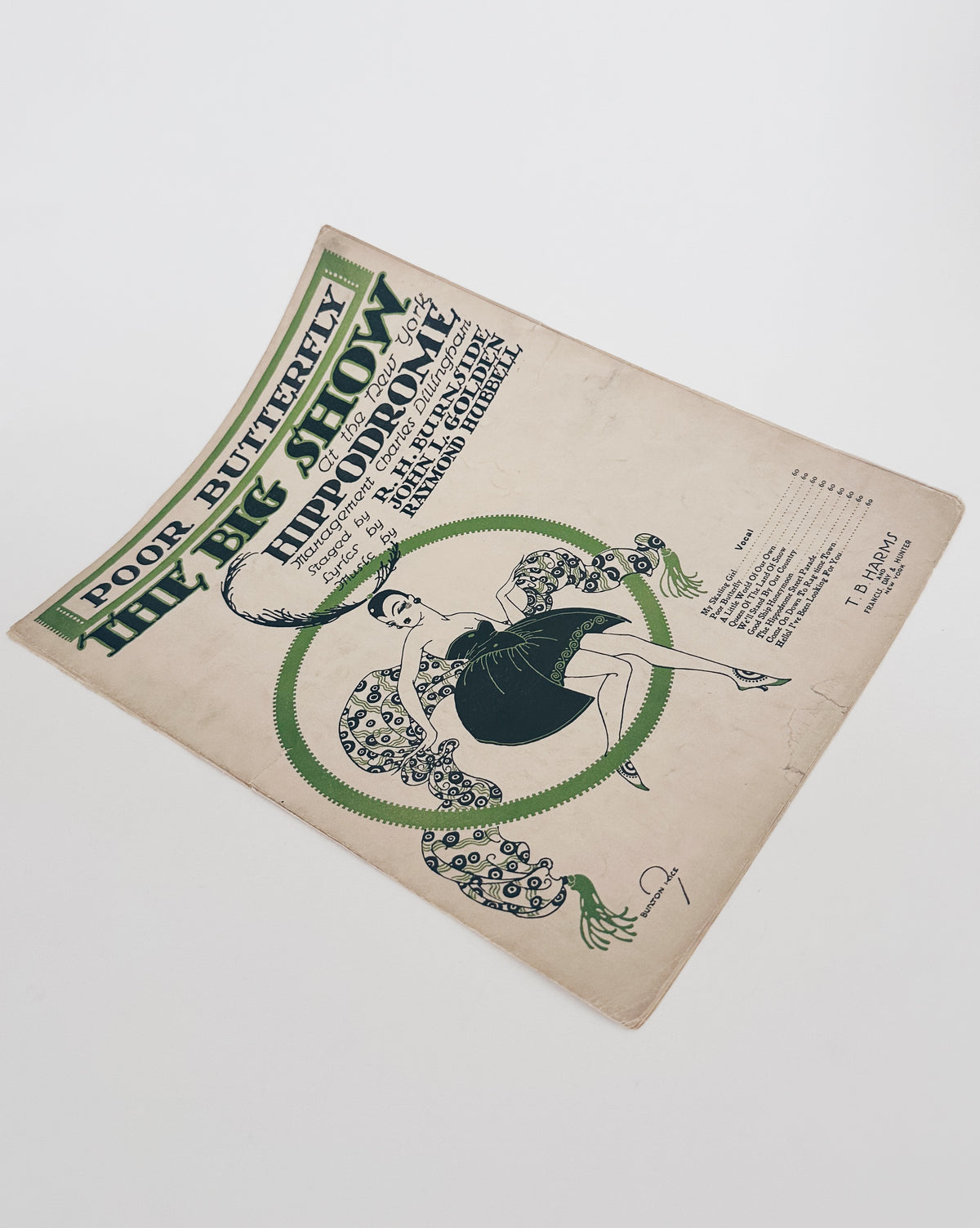 1920s Poor Butterfly Sheet Music, The Big Show at the New York Hippodrome, Vintage Broadway Music, Showgirl Cover Art