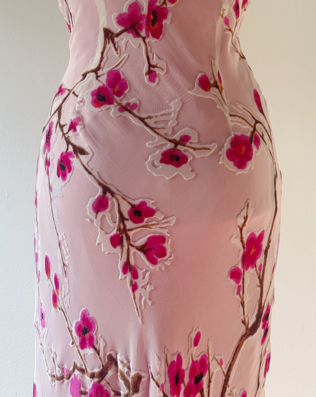Vintage 90s Monsoon Velvet Burnout Cherry Blossom Slip Dress, Bias Cut Silk Viscose, Magenta Lining, Rare Y2K Dream Dress