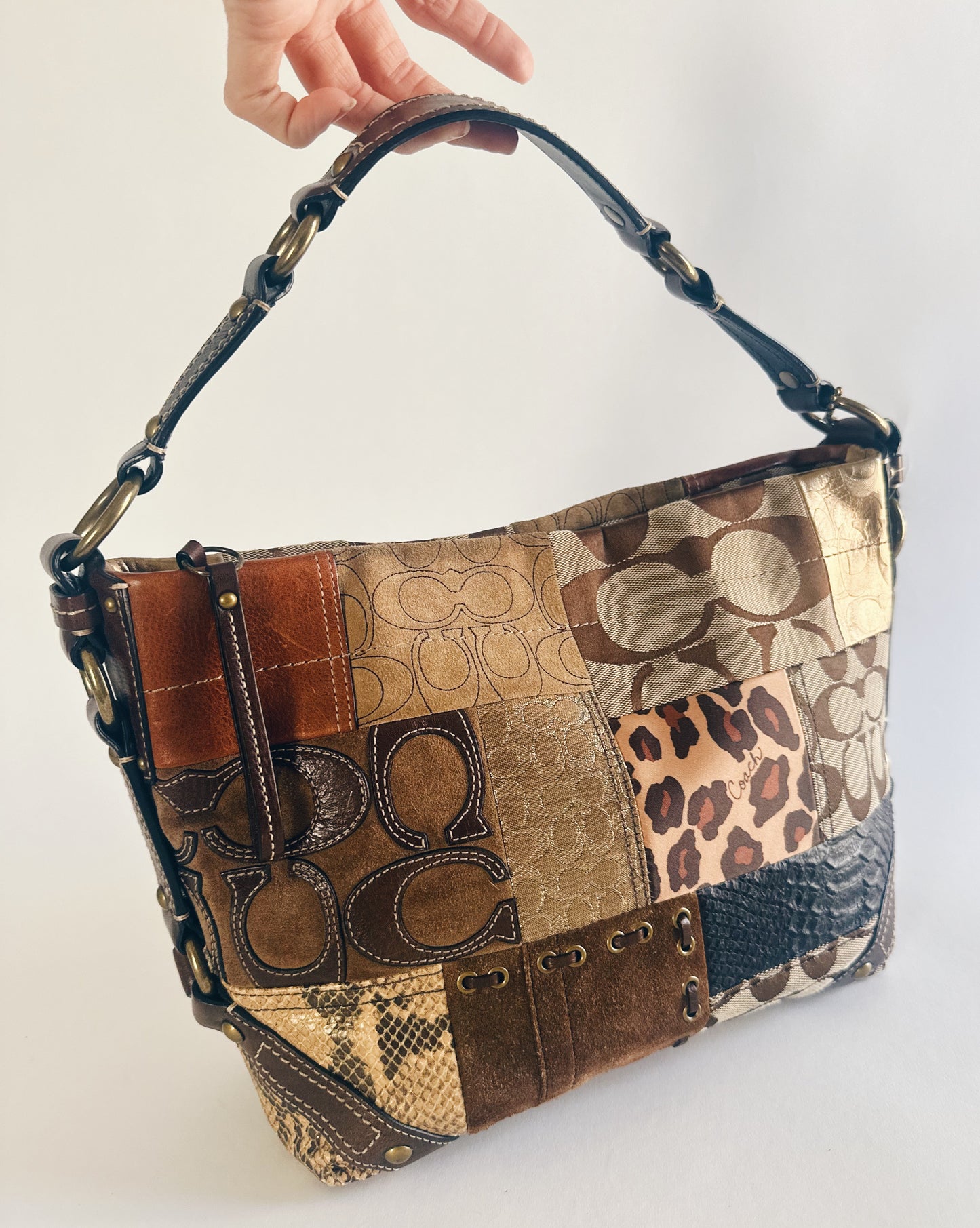 Vintage Y2K Coach Brown Animal Print Patchwork Leather Purse – Legacy Carly Coach, Designer Statement Bag in Pristine Condition