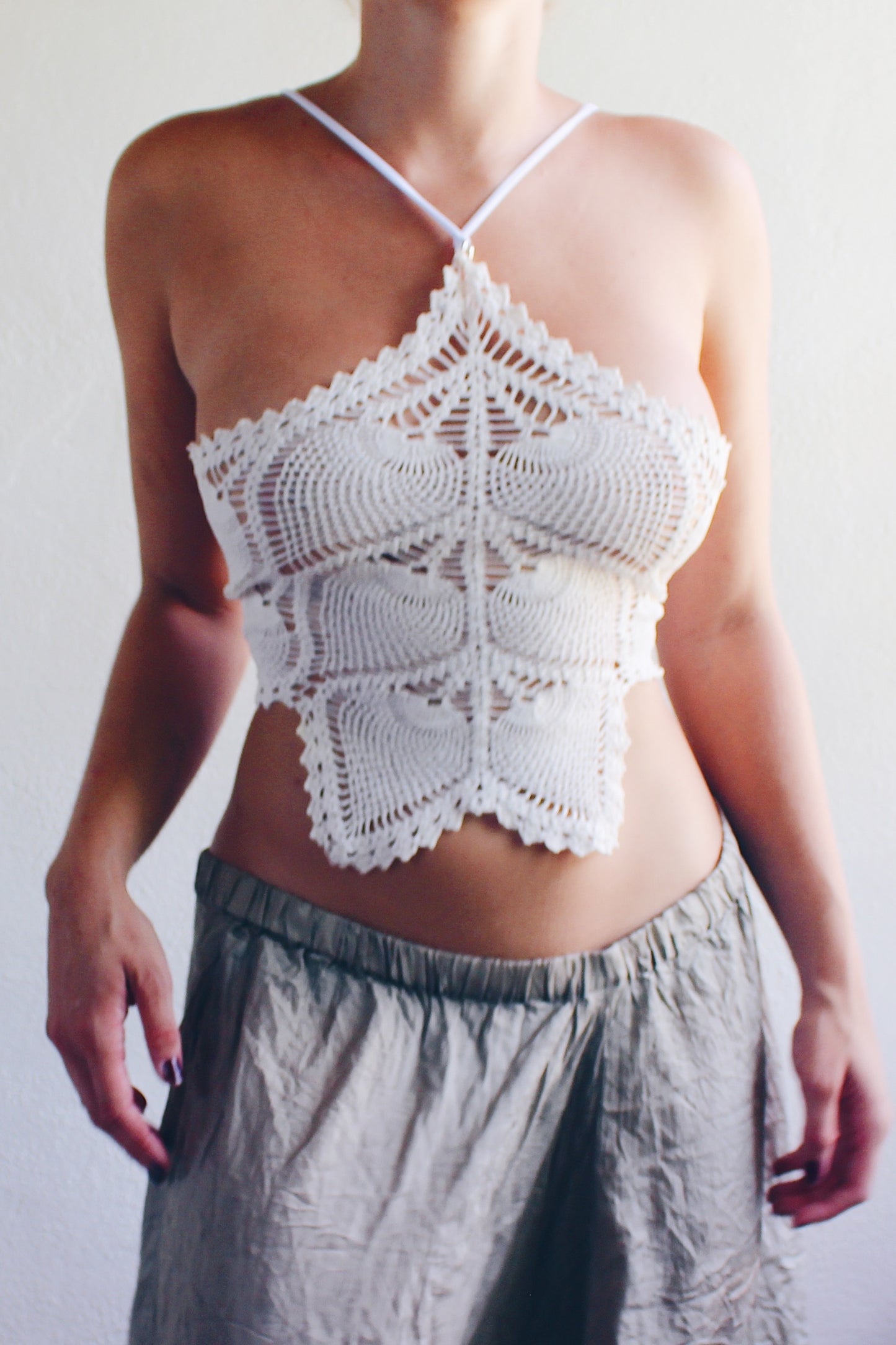 repurposed doily top / upcycled macrame crop top / reworked crochet vintage tank top