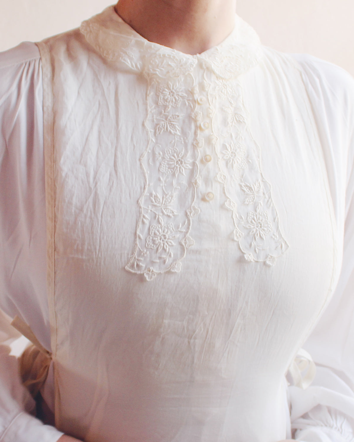 Antique Cream Embroidered False Collar – Edwardian Tie-On Lace Layering Piece | Coquette Cottagecore Accessory