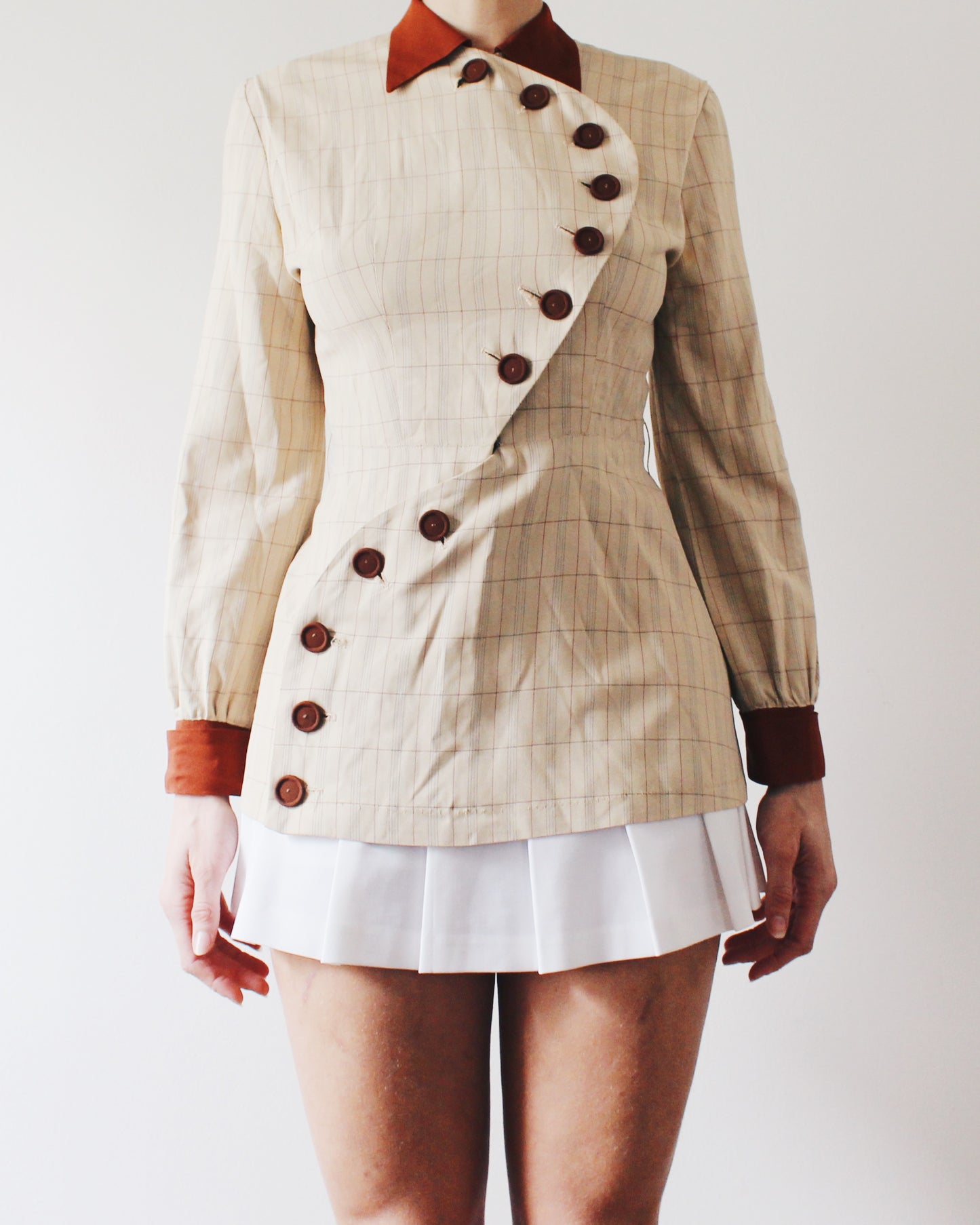 Rare 1970s Vintage Handmade Blouse – Academic Prep School Style, Intellectual Fall Fashion with Stripes & Unique Button Detail