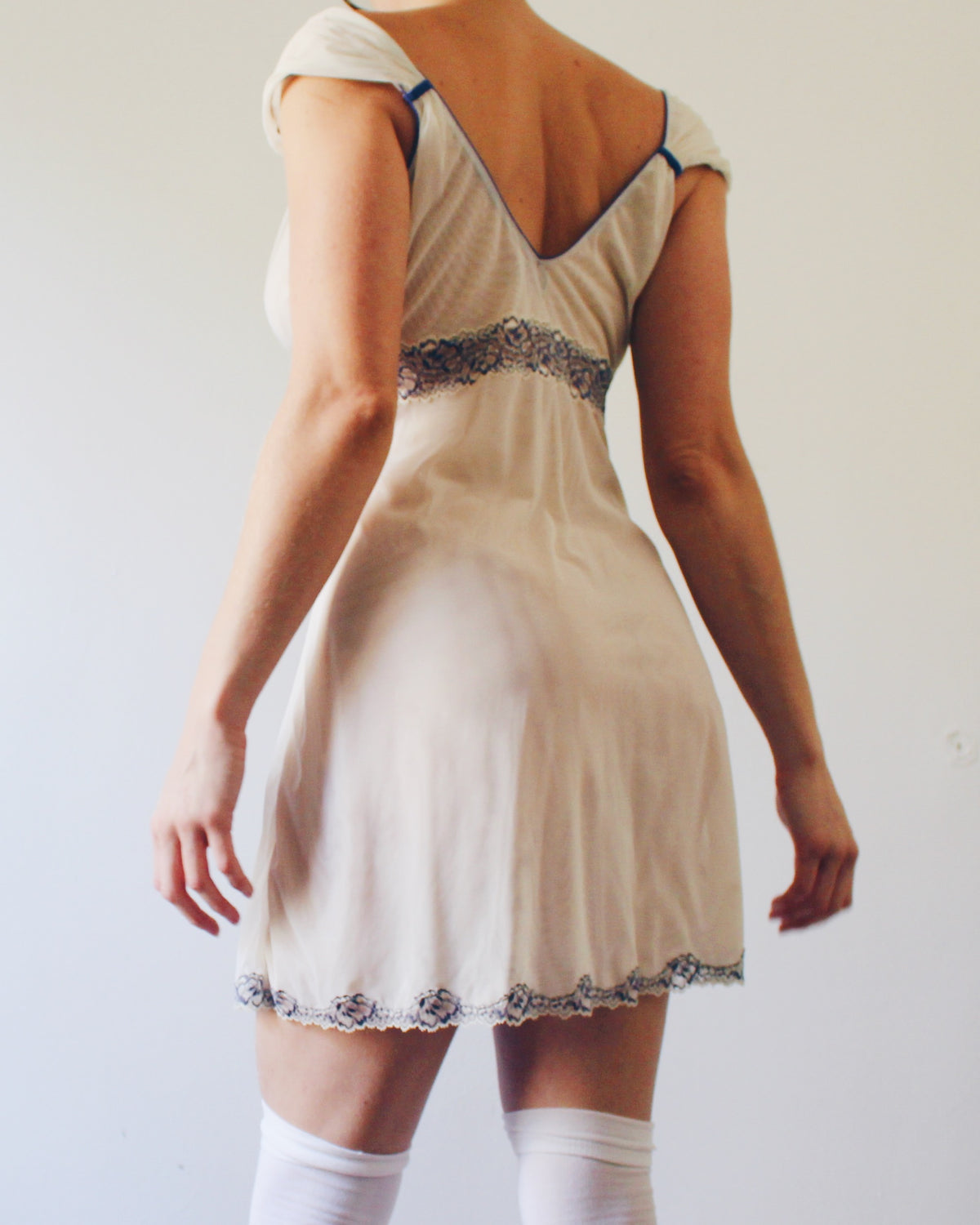 Y2K Cream Empire Waist Slip Dress with Violet Lace, Whimsygoth Soft Goth Style, Can Be Worn as Day Dress or Intimate Piece