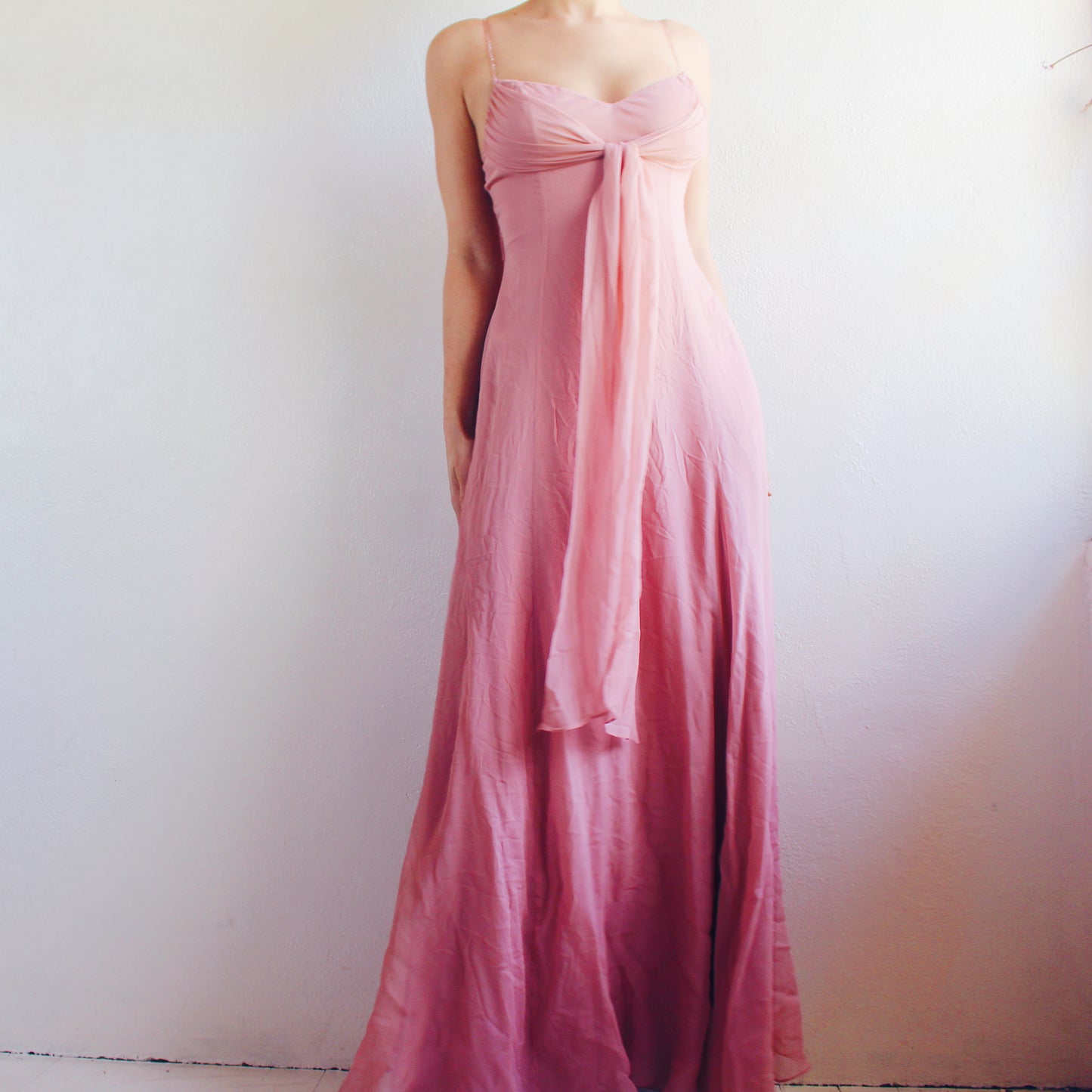 Vintage Y2K Blush Pink Silk Layered Gown | Formal Sheer Evening Dress - Bow Tie Sash Flowing Coquette Dress