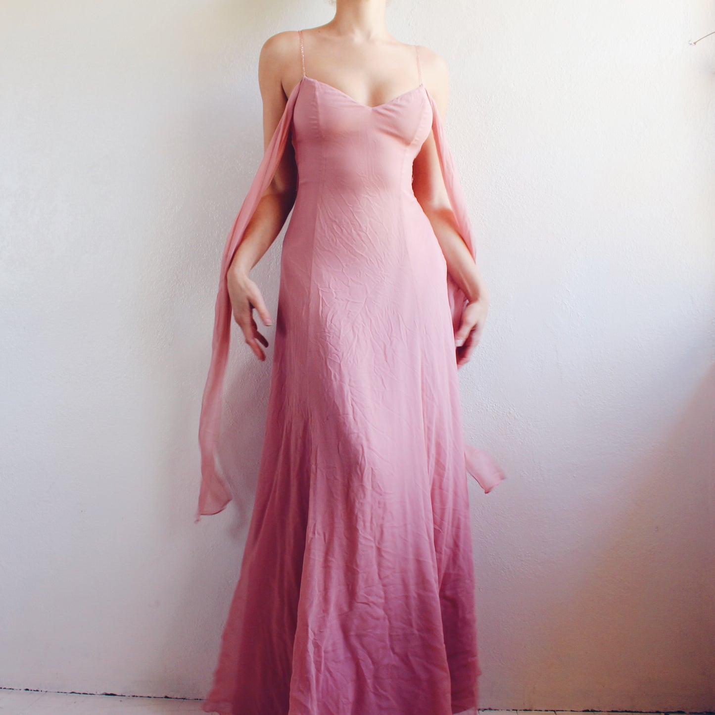 Vintage Y2K Blush Pink Silk Layered Gown | Formal Sheer Evening Dress - Bow Tie Sash Flowing Coquette Dress