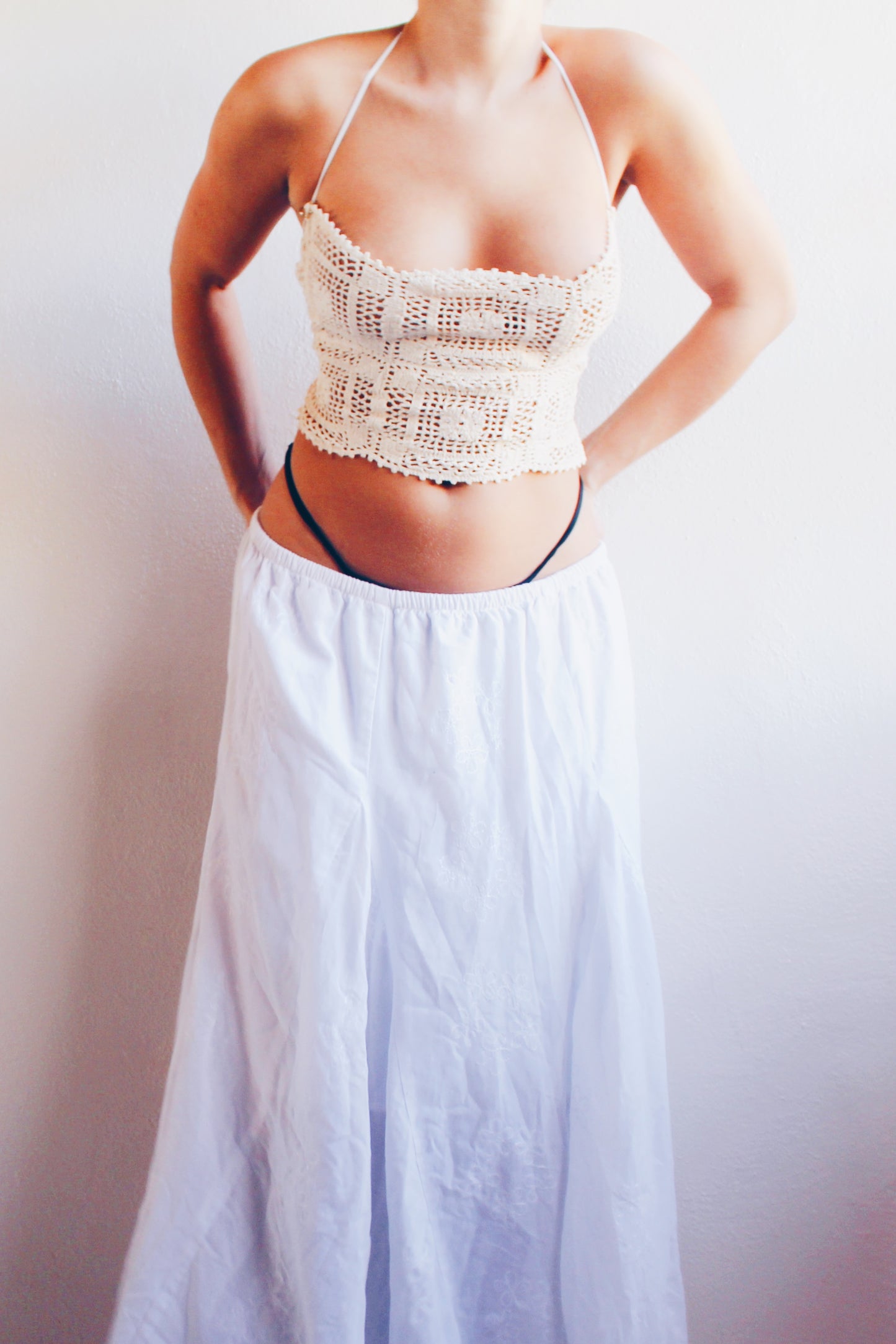 Y2K Boho Bliss: White Cotton Layered Embroidered Maxi Skirt for Summer Serenity