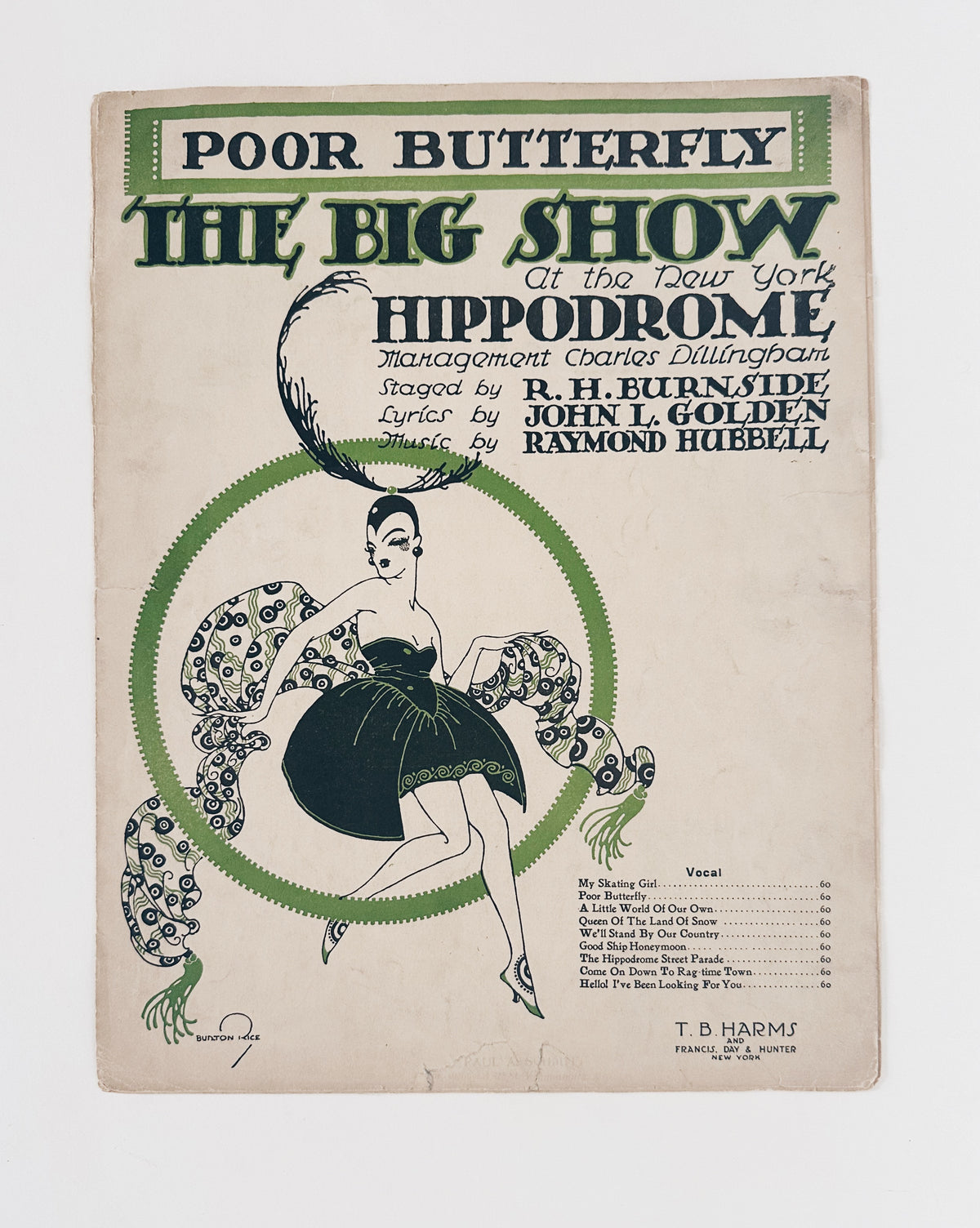 1920s Poor Butterfly Sheet Music, The Big Show at the New York Hippodrome, Vintage Broadway Music, Showgirl Cover Art