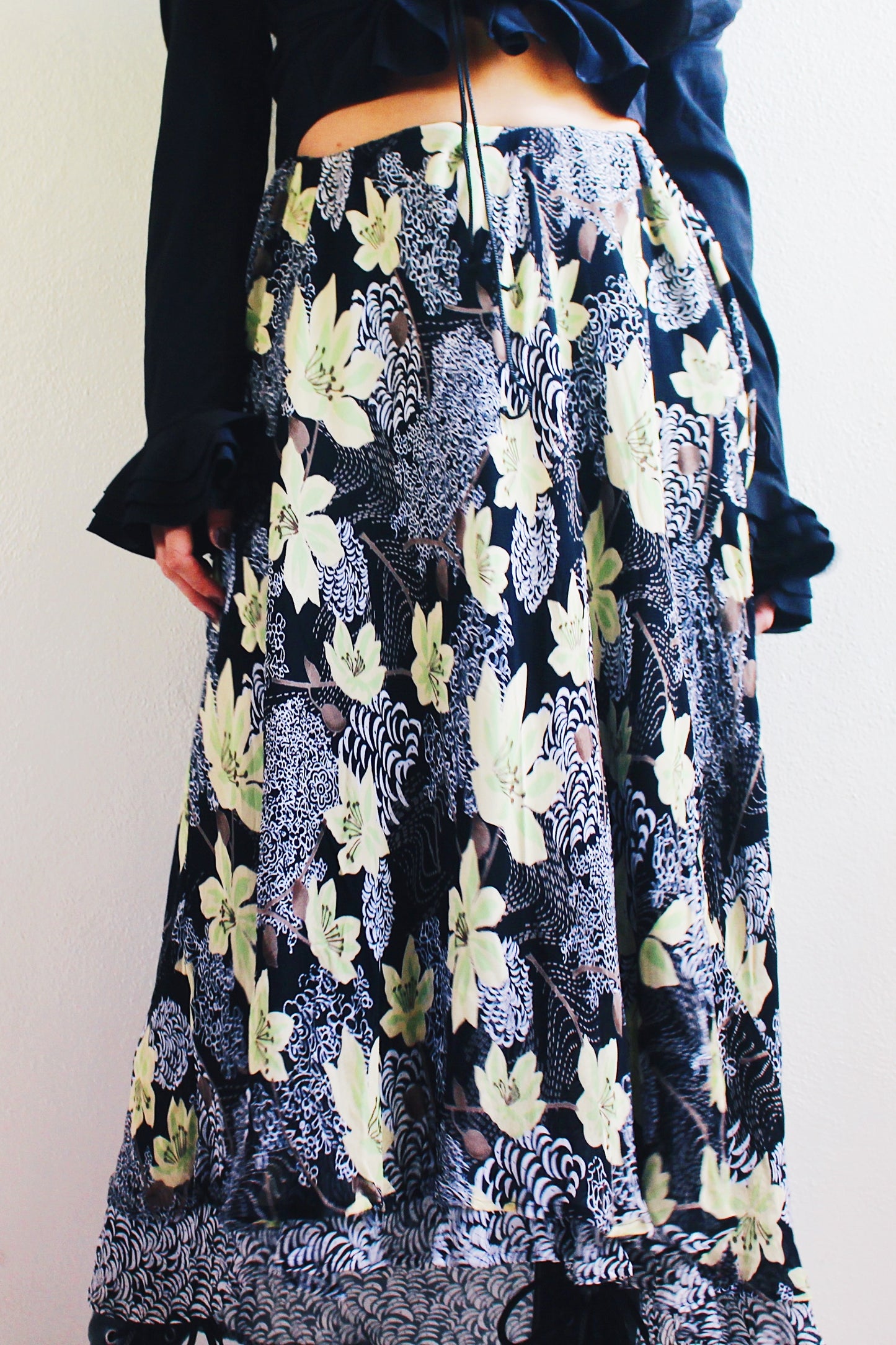 Vintage 90s Black Floral Maxi Skirt - Romantic Grunge Whimsygoth Style