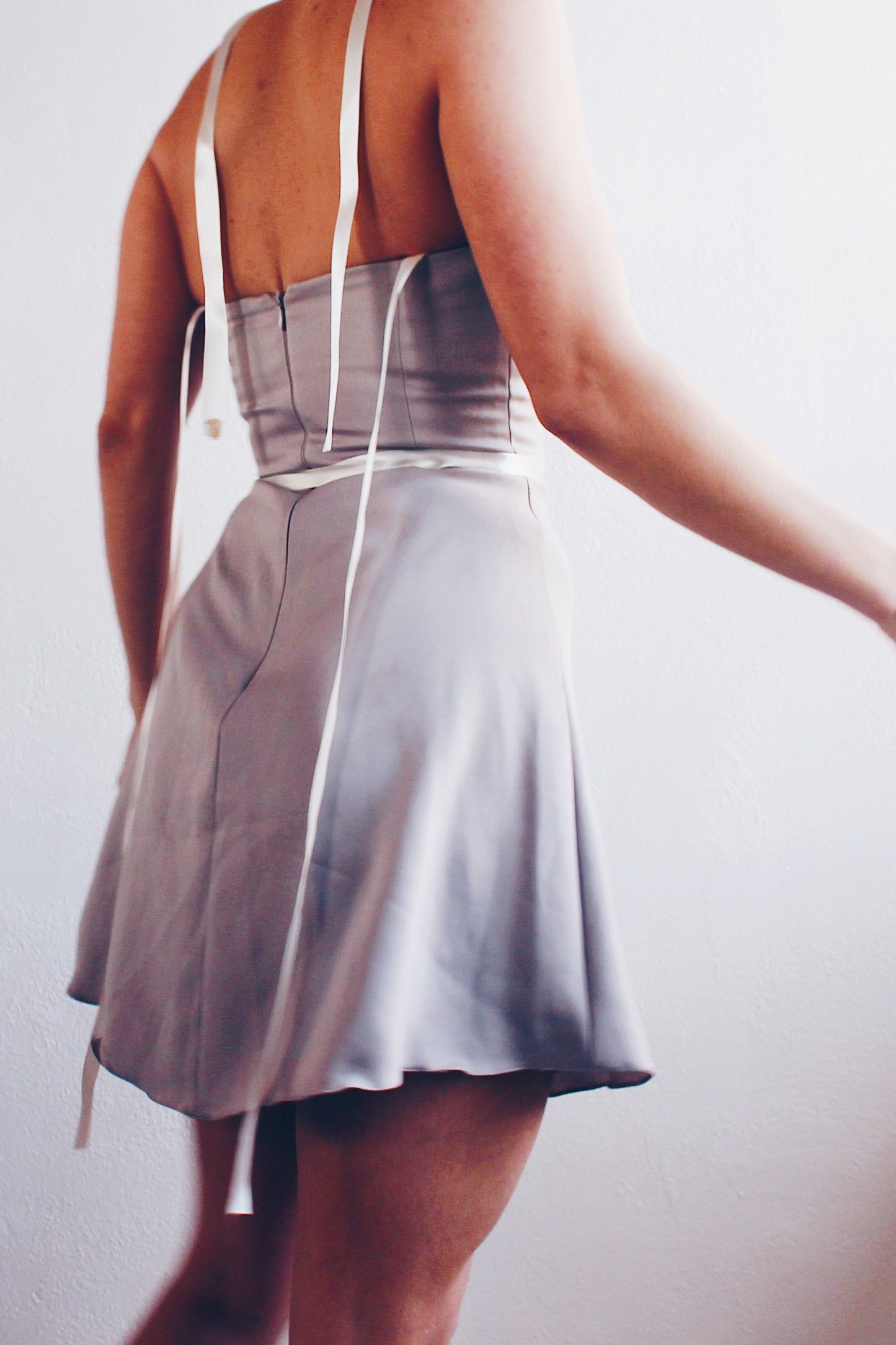 Vintage Chic Khaki-Grey Mini Dress - Form-Flattering Elegance with Upcycled Ribbon Details