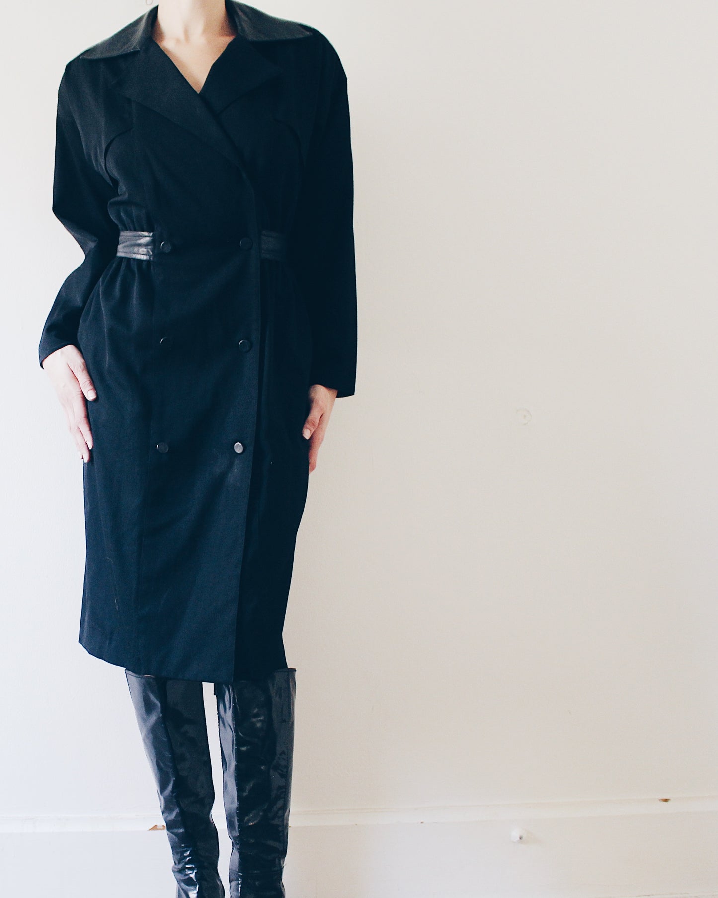 Vintage Rickie Freeman for Terijon Black Wool Trench Coat – 90s Leather Patch & Tie Waist, Minimalist Outerwear