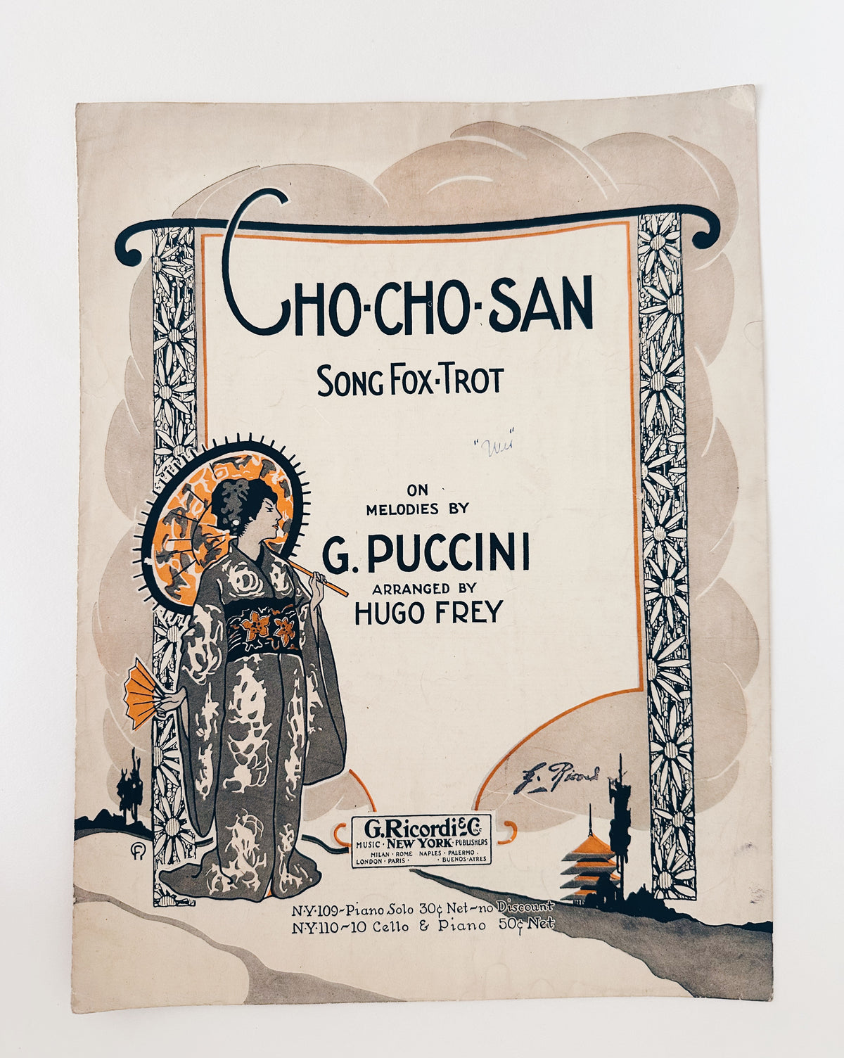 Antique sheet music: the Cho Cho San by G Puccini featuring a screen print illustration of a geisha.Antique Sheet Music Cho Cho San by Puccini, Madama Butterfly Opera, Geisha Screen Print Illustration, Vintage Ephemera Wall Art