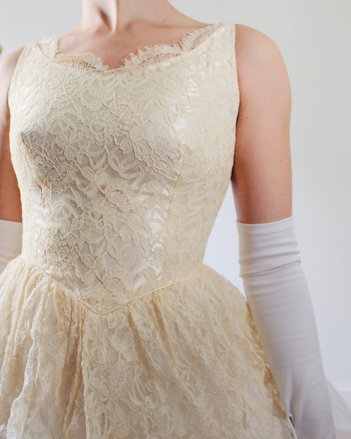 Vintage Ethereal Coquette Lace Midi Wedding Dress, Sleeveless Drop Waist, Cream Lace Bodice, Flared Micro Pleated Mesh Skirt