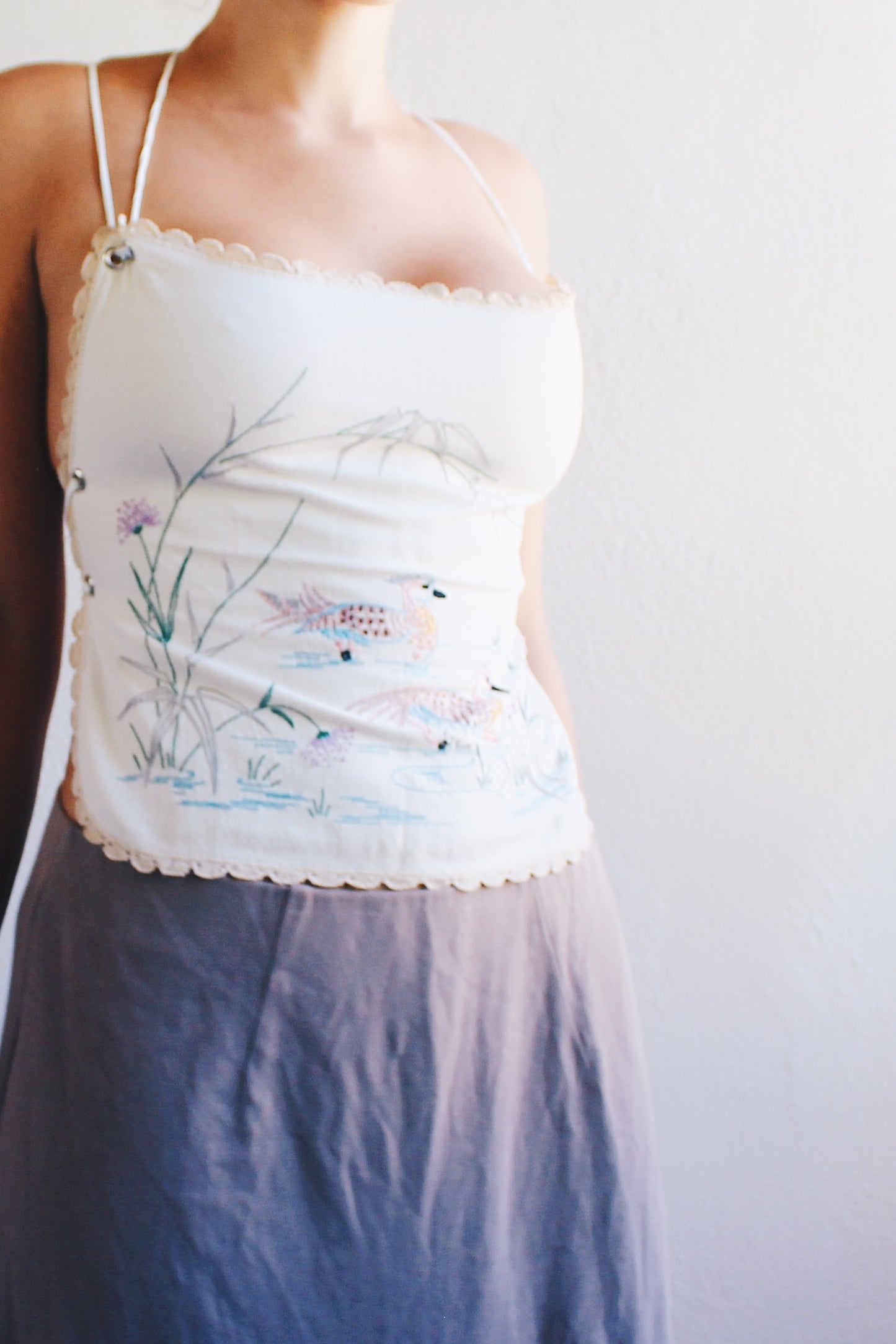 Upcycled vintage doily Tank / White cotton Reworked Fashion crop top / Floral Nature Cross Stitch Cami