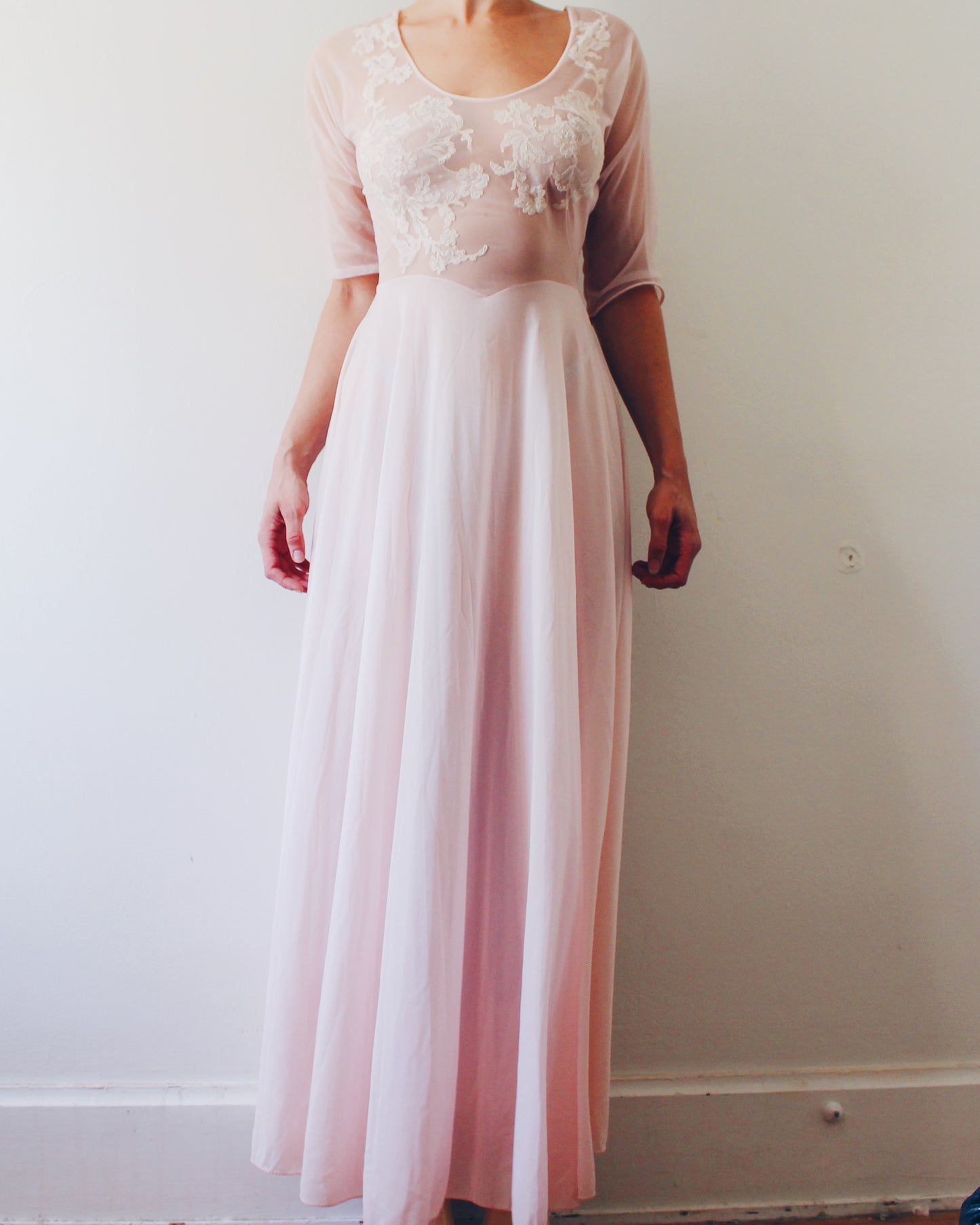 Vintage Vanity Fair Sheer Pink Nightgown S | 1950s Boudoir Lingerie Gown Embroidered Lace | A-Line Long Sheer Nightgown 3/4 Sleeve