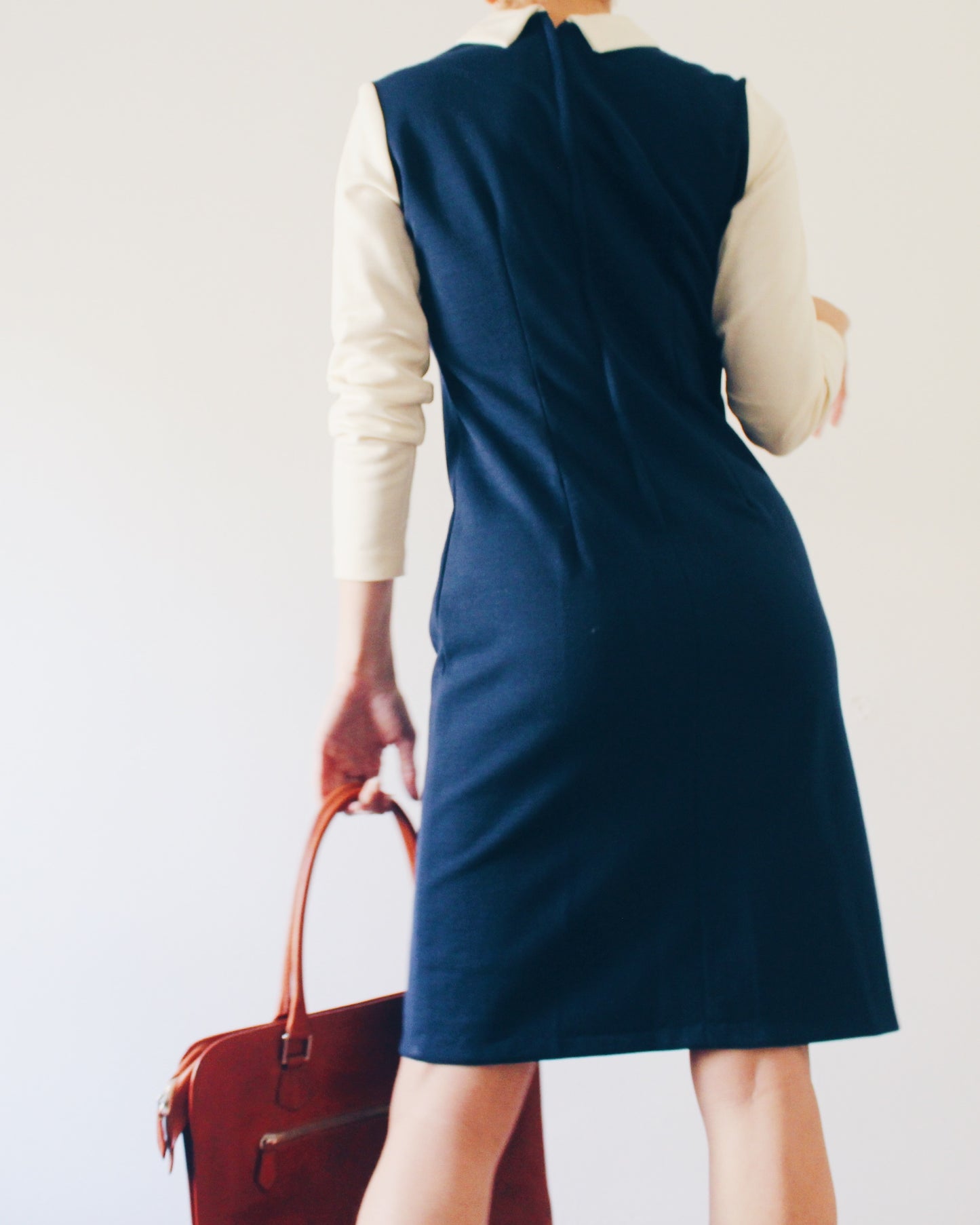 Vintage 1970s Navy & Ivory Pinafore Dress – Mod Knit Minimalist Academic Style