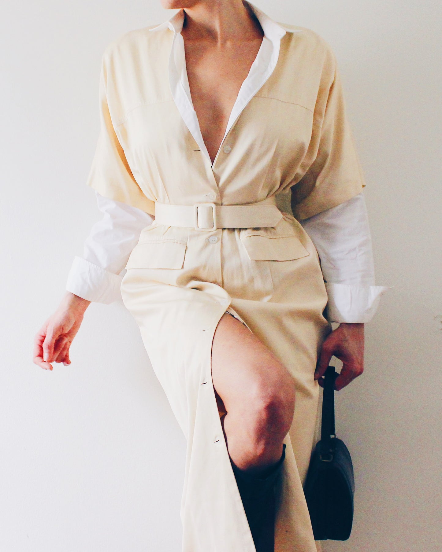 Vintage 90s Silk Trench‑Style Short Sleeve Dress – Cream Belted Waist, Professional Chic Maxi Dress