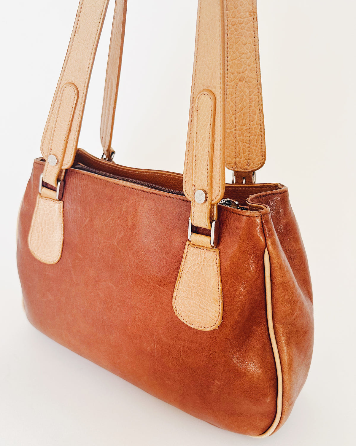 Vintage 90s Petsuco Tan Brown Leather Purse, Wabi Sabi Aged Leather Patina, Classic Retro Handbag, Earthy Neutral Everyday Bag