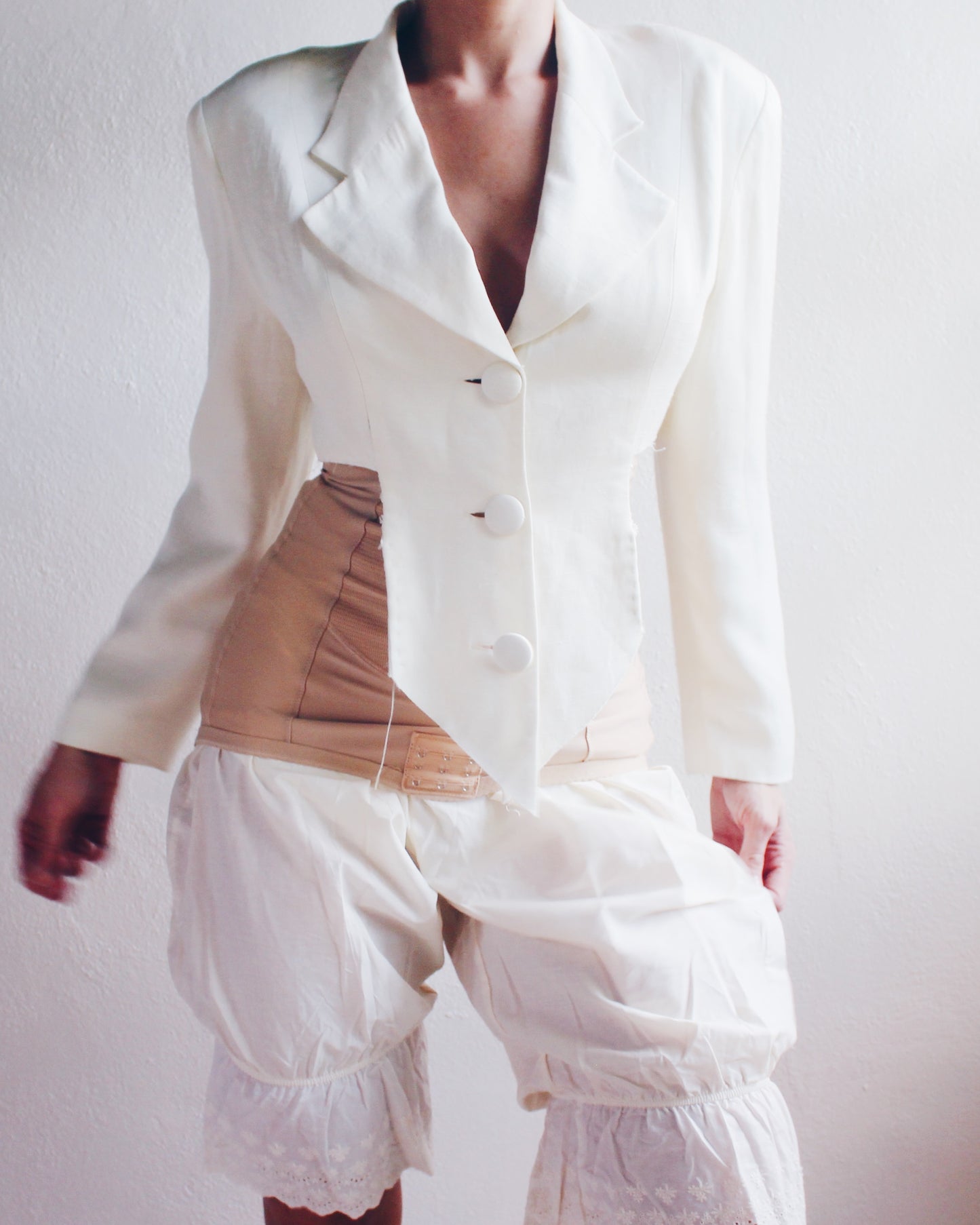 Upcycled Abstract Cropped Cream Vintage Blazer - Minimalist Corporate Officecore Grunge Style