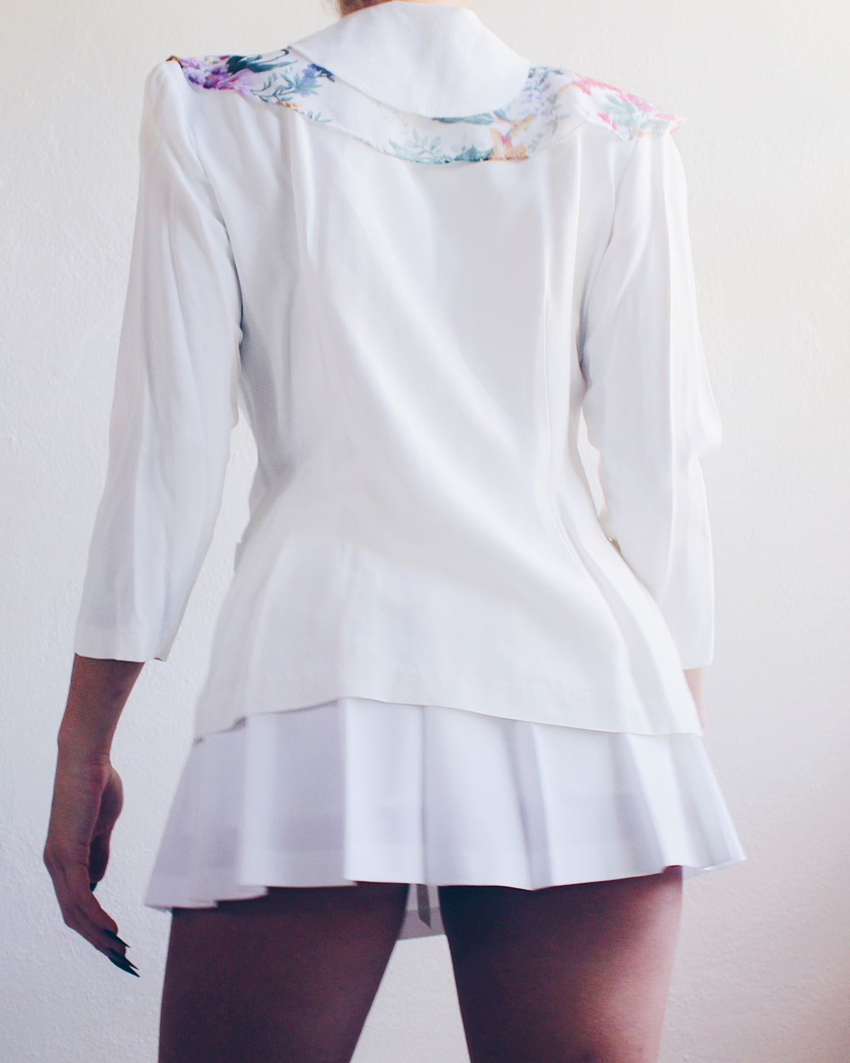 Vintage White Blazer with Frilly Floral Collar | Double Breasted 80s 90s Frou Frou Style | Girly Romantic Jacket