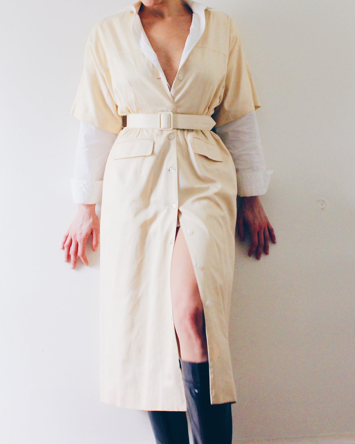 Vintage 90s Silk Trench‑Style Short Sleeve Dress – Cream Belted Waist, Professional Chic Maxi Dress