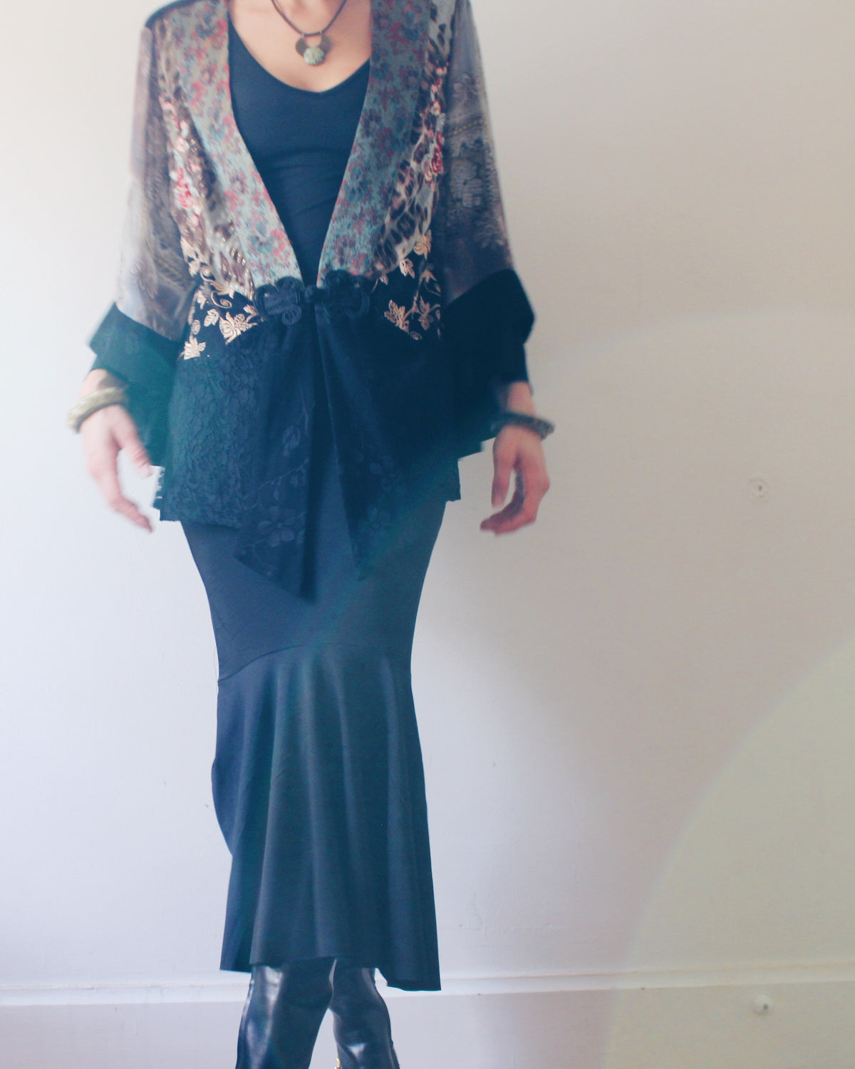 Vintage 90s Spencer Alexis Whimsygoth Patchwork Kimono Sleeve Jacket Robe, East Asian Textile Print, Chinese Frog Button Closure
