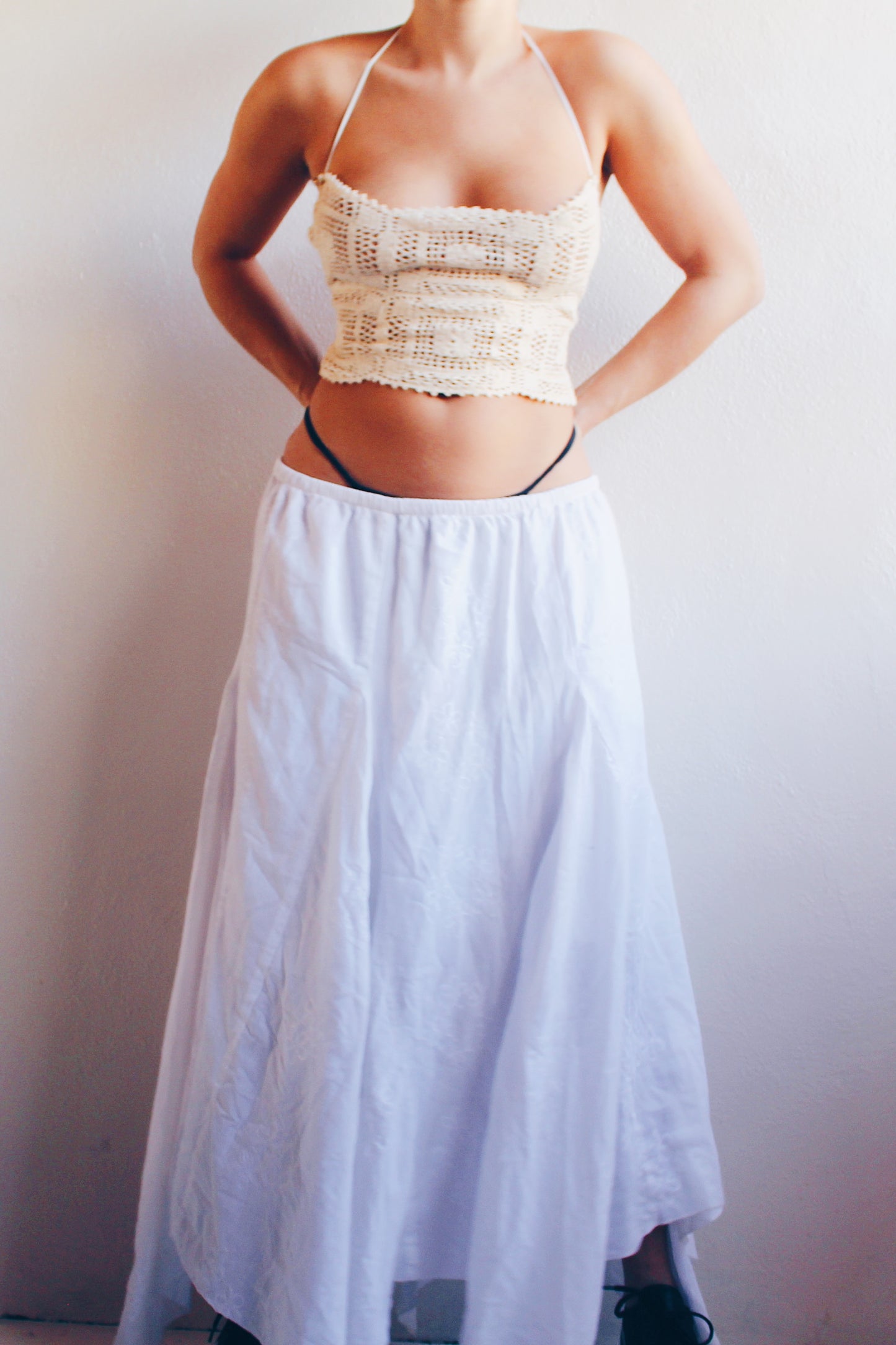 Y2K Boho Bliss: White Cotton Layered Embroidered Maxi Skirt for Summer Serenity