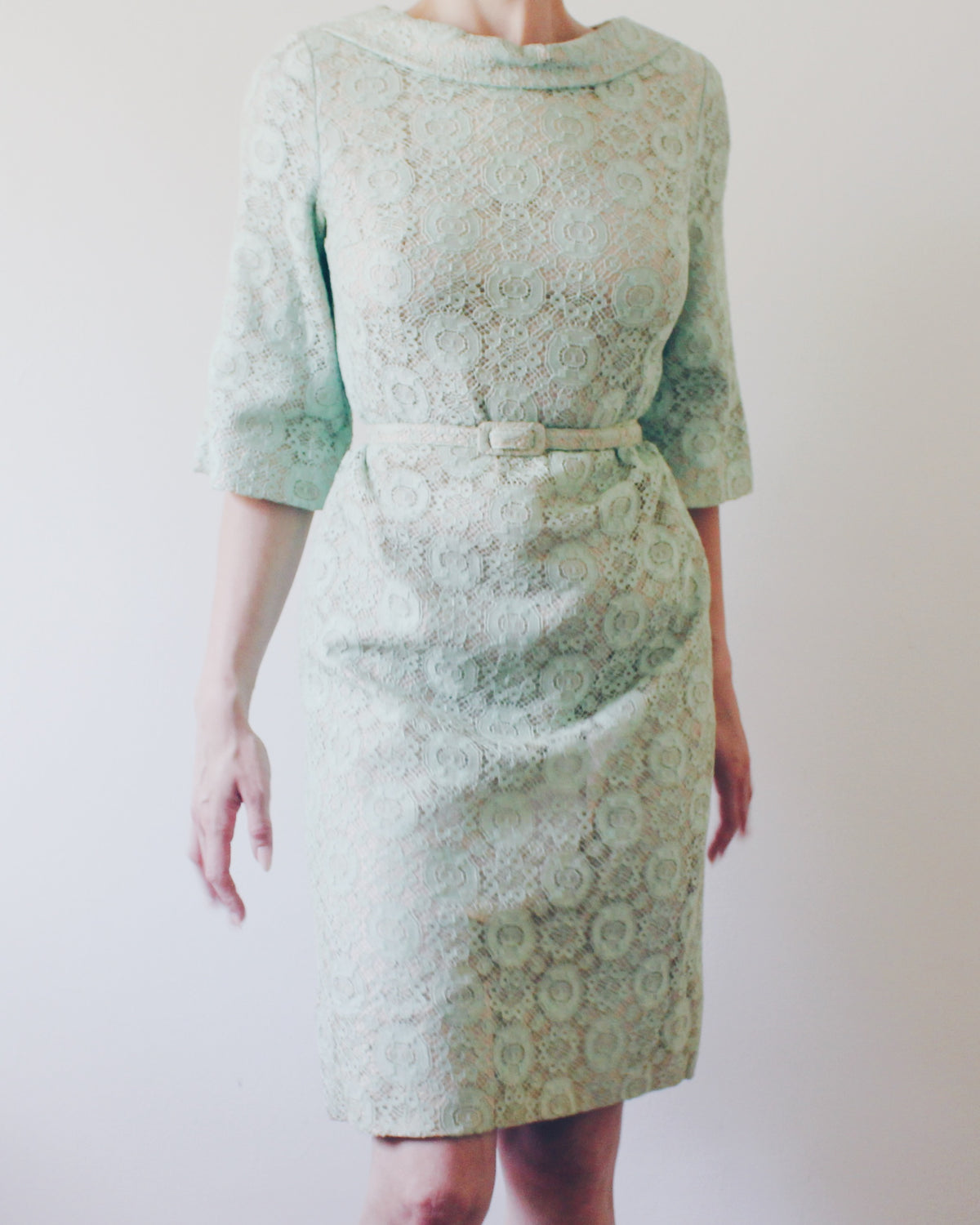 Vintage Blakely Fashions Mint Green Lace Dress S | Handmade 60s Mod Shift Dress with Belt | Retro Coquette Bracelet Sleeve Cocktail