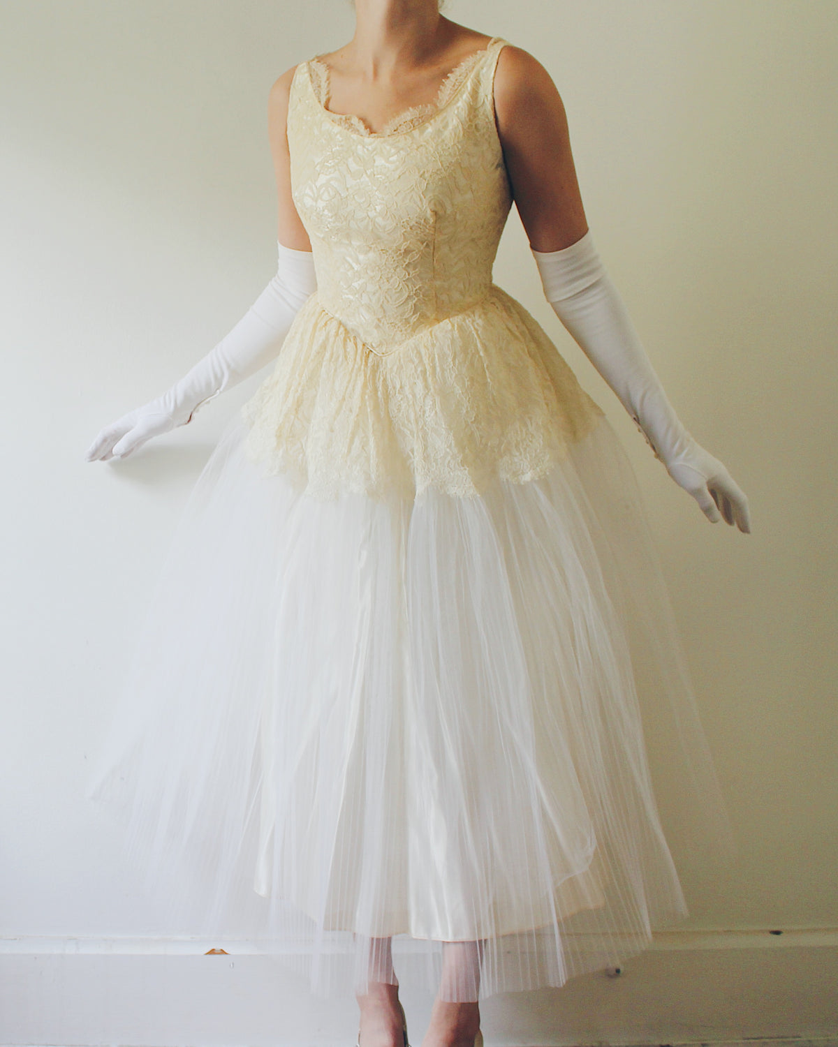 Vintage Ethereal Coquette Lace Midi Wedding Dress, Sleeveless Drop Waist, Cream Lace Bodice, Flared Micro Pleated Mesh Skirt