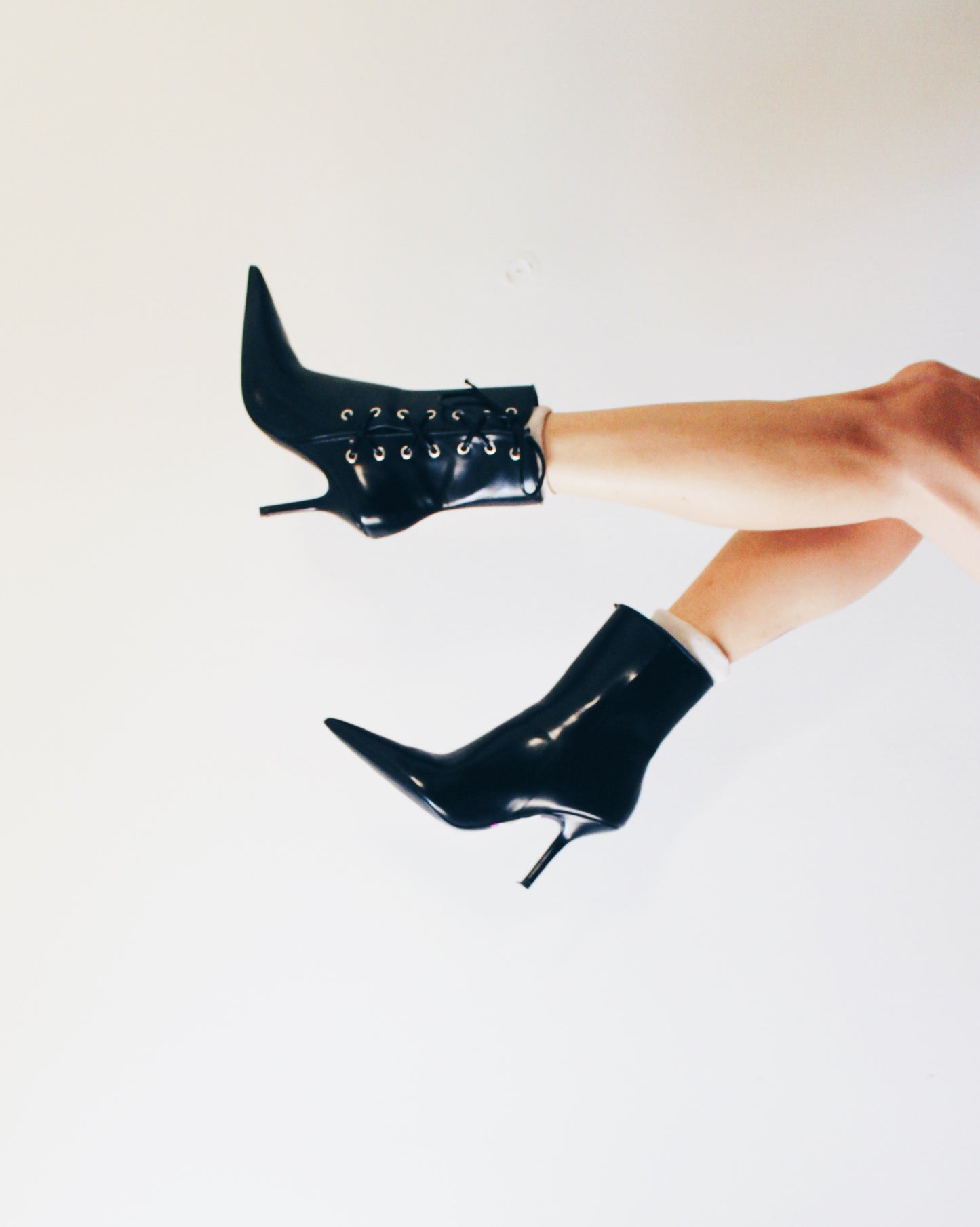 H&M Lace up Y2K Pointed Toe Stiletto Boots – Vintage Black Leather Ankle Boots | Early 2000s Iconic Heels