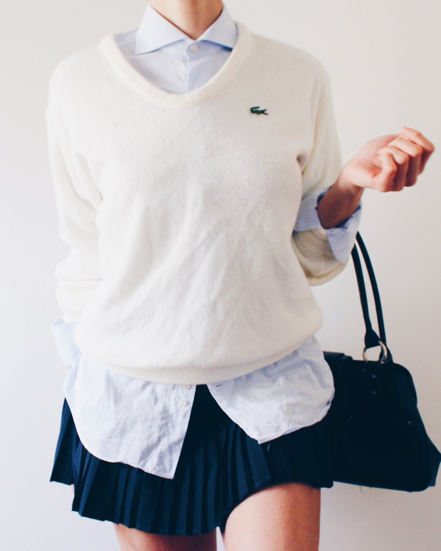 Vintage Izod Lacoste Ivory V Neck Sweater - 1980s Academic Knit Long Sleeve With  Logo Preppy Layering