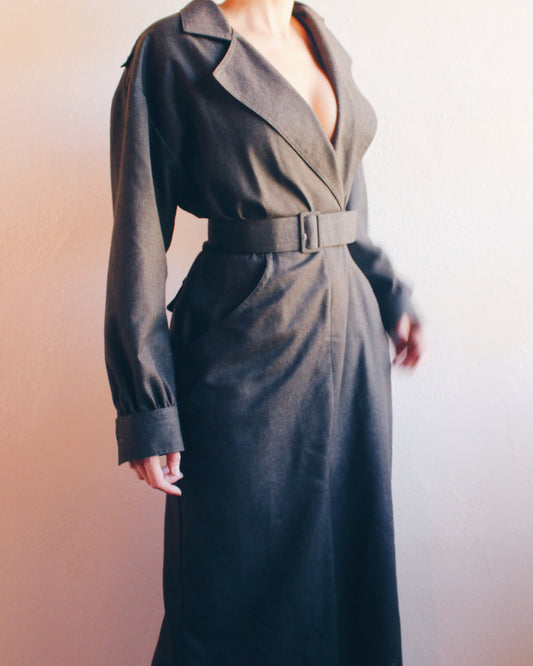Vintage 90s Wool Trench‑Style Midi Dress – Dark Grey/Khaki, Large Collar & Belted Waist, Noir Professional Chic