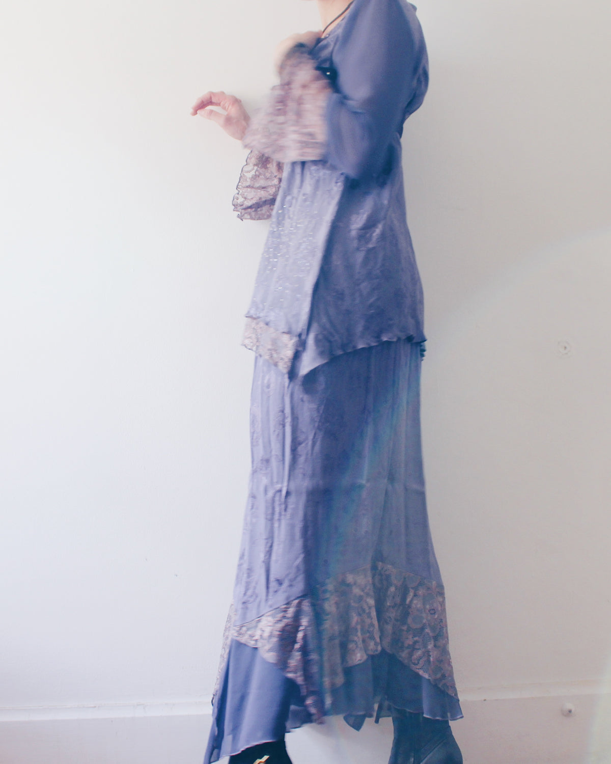 Vintage 90s Spencer Alexis Whimsygoth Two Piece Set, Dusty Purple Lilac Layered Midi Skirt and Embroidered Ruffle Sleeve Top