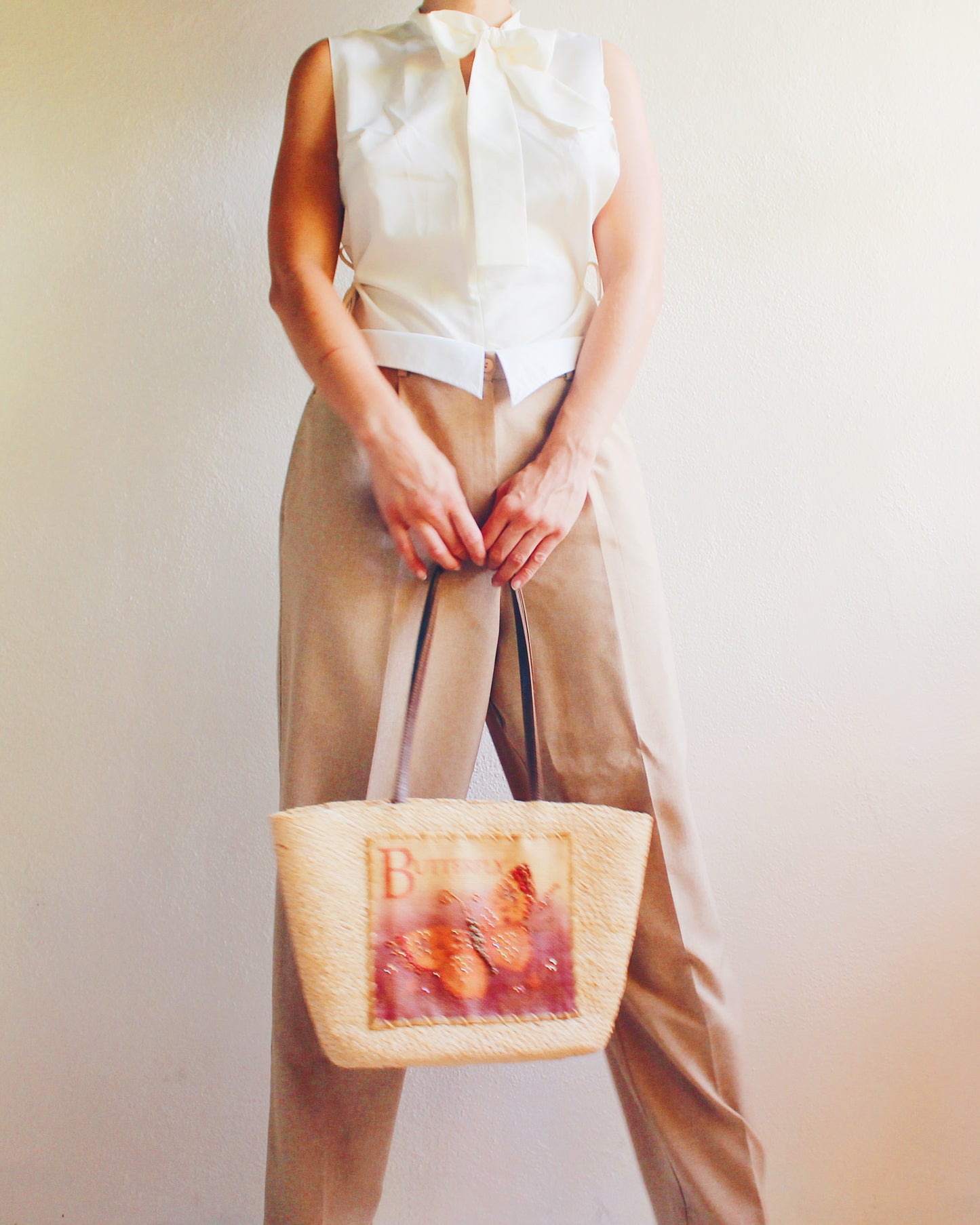 Vintage Whimsigoth Wonder: 90s Straw Tote with Illustrated Butterfly Burlap Patch!