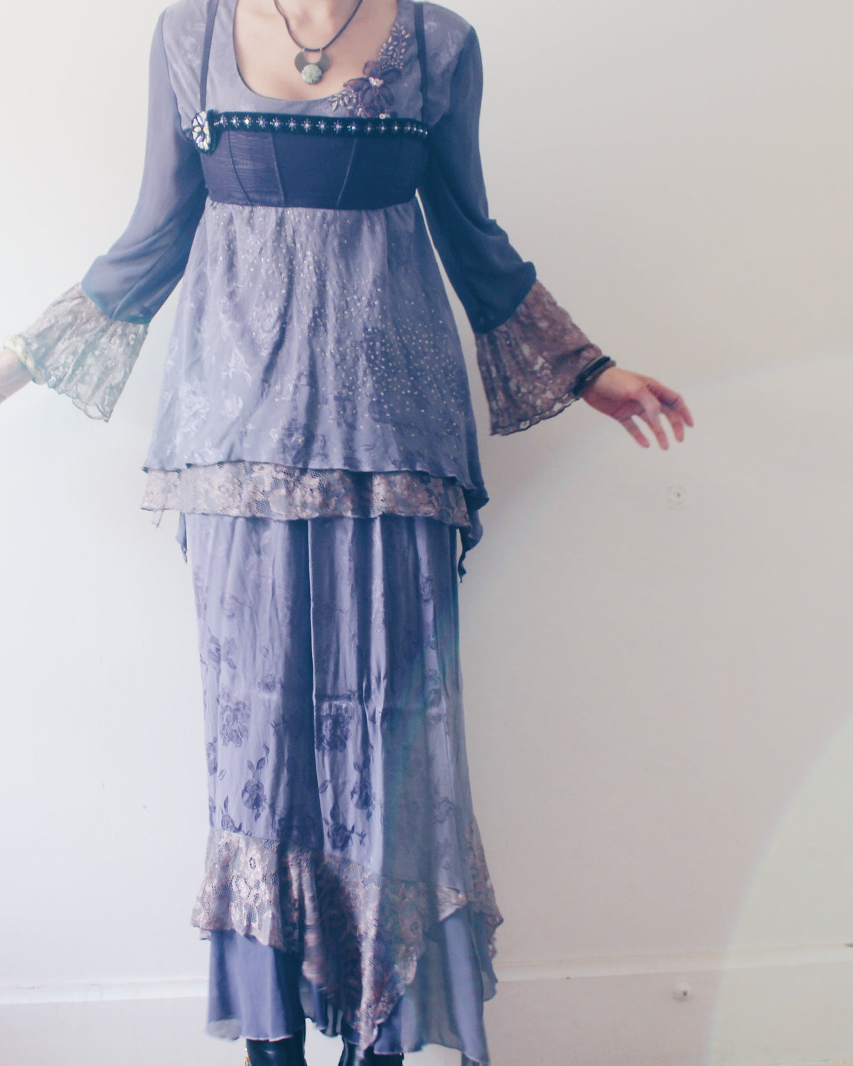 Vintage 90s Spencer Alexis Whimsygoth Two Piece Set, Dusty Purple Lilac Layered Midi Skirt and Embroidered Ruffle Sleeve Top