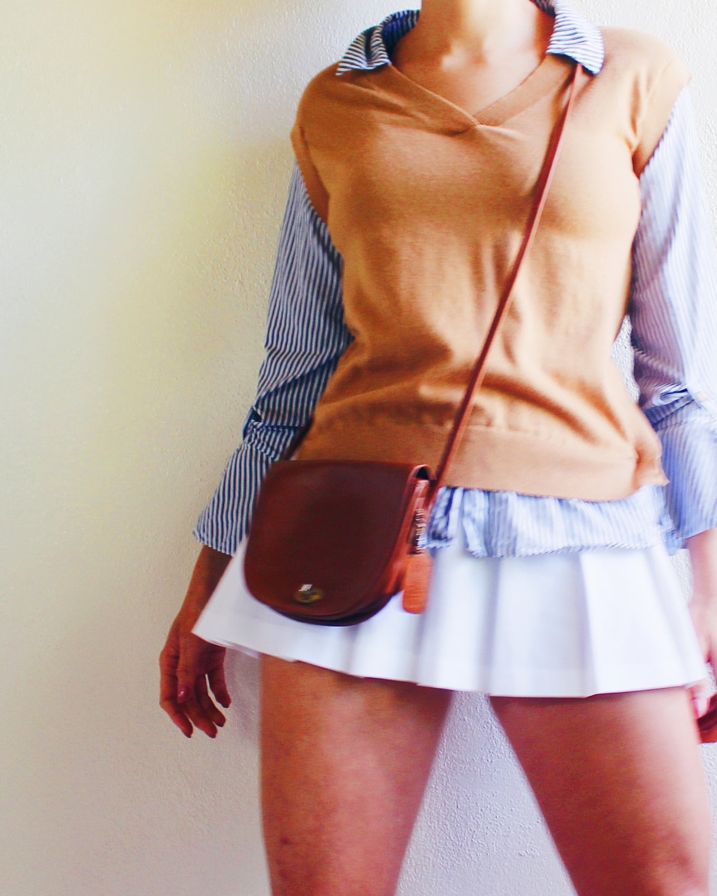 Tan Knit Layered Vest Top with Blue‑White Striped Shirt Sleeves & Collar – Academic Layering Blouse Style