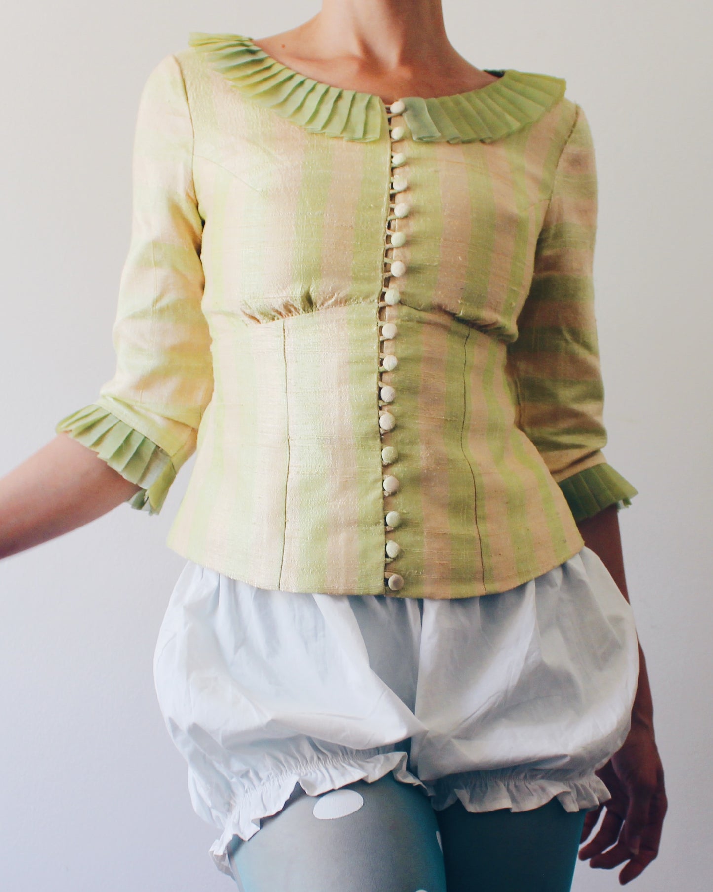 Handmade Green Striped Blouse Medium | Circuscore Empire Waist Pleated Ruffle Top | Whimsigoth Quirky Fairycore Button Up 3/4 Sleeve