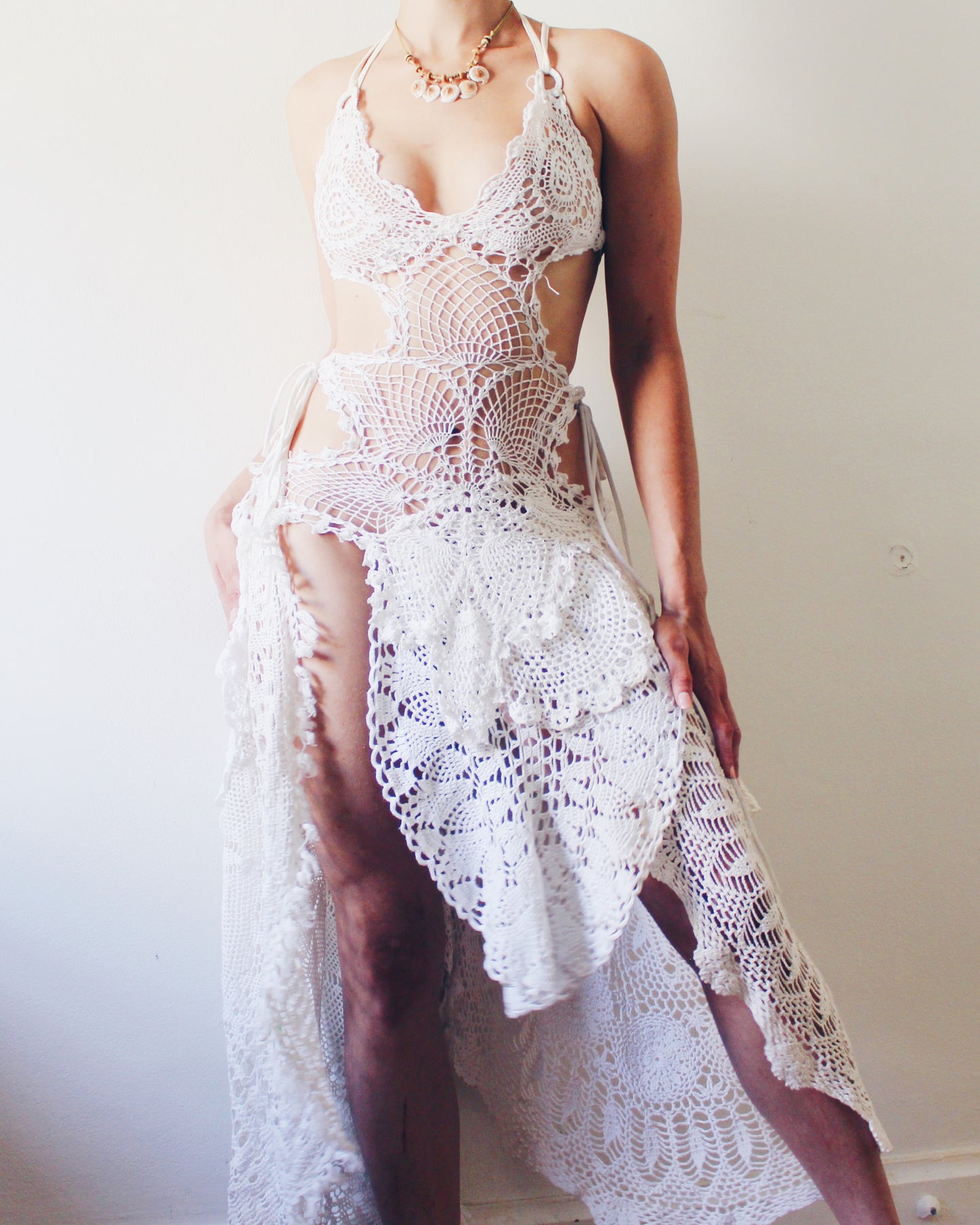 Upcycled Asymmetric Dress Made from Vintage Handmade Doilies - Ethereal Bohemian Style | One-of-a-Kind Statement Piece - festival Doily Gown