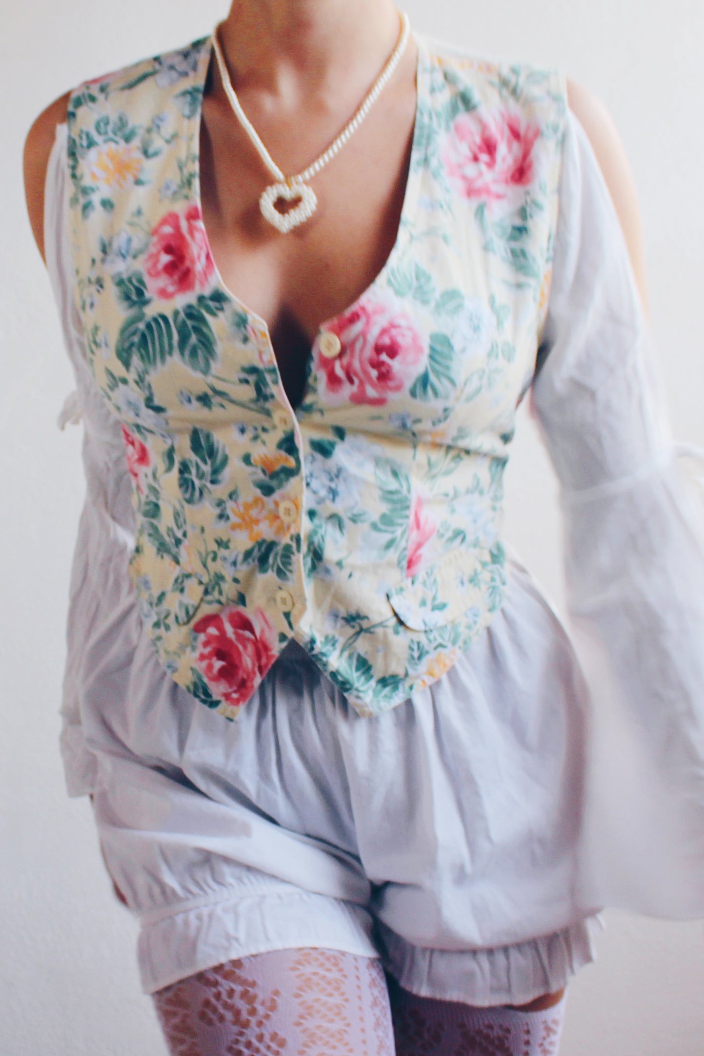 Cute Upcycled Floral Yellow Blouse - 90s Vintage Vest Revival with Coquette Princess Charm