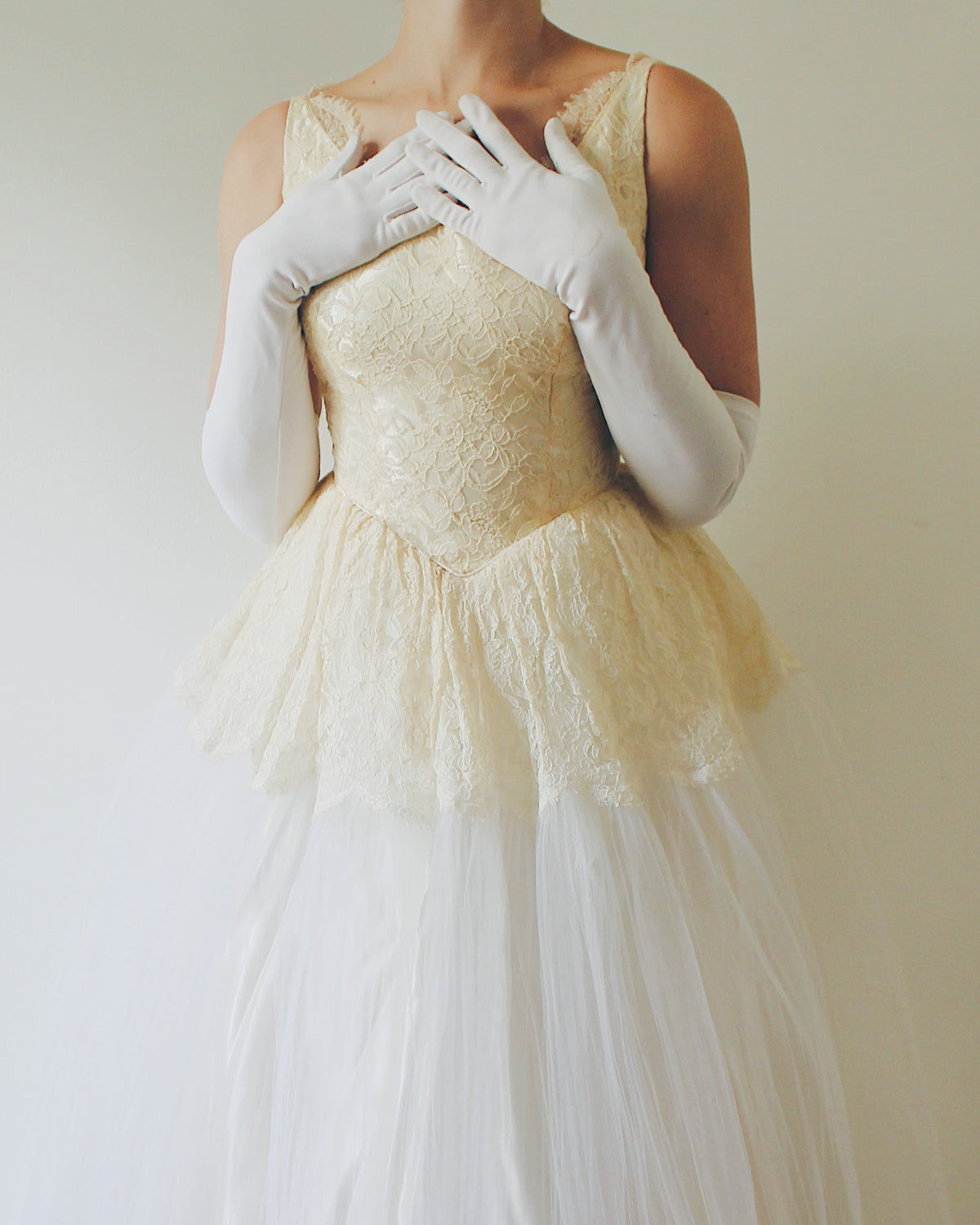 Vintage Ethereal Coquette Lace Midi Wedding Dress, Sleeveless Drop Waist, Cream Lace Bodice, Flared Micro Pleated Mesh Skirt