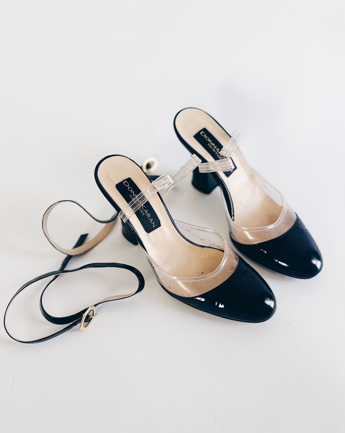 Vintage Donna Karan Cap Toe Heels – 90s Y2K Black Leather & Clear PVC Pumps | Detachable Ankle Strap Designer Shoes