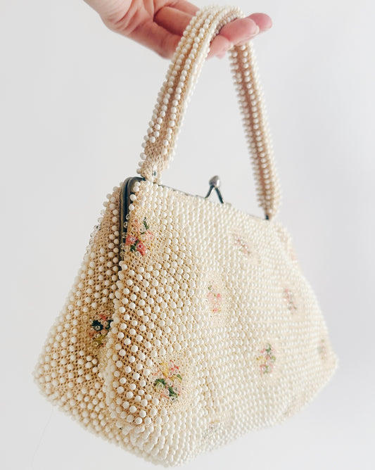 Vintage 1950s Floral Beaded Purse – Delicate Evening Clutch by Code Bead