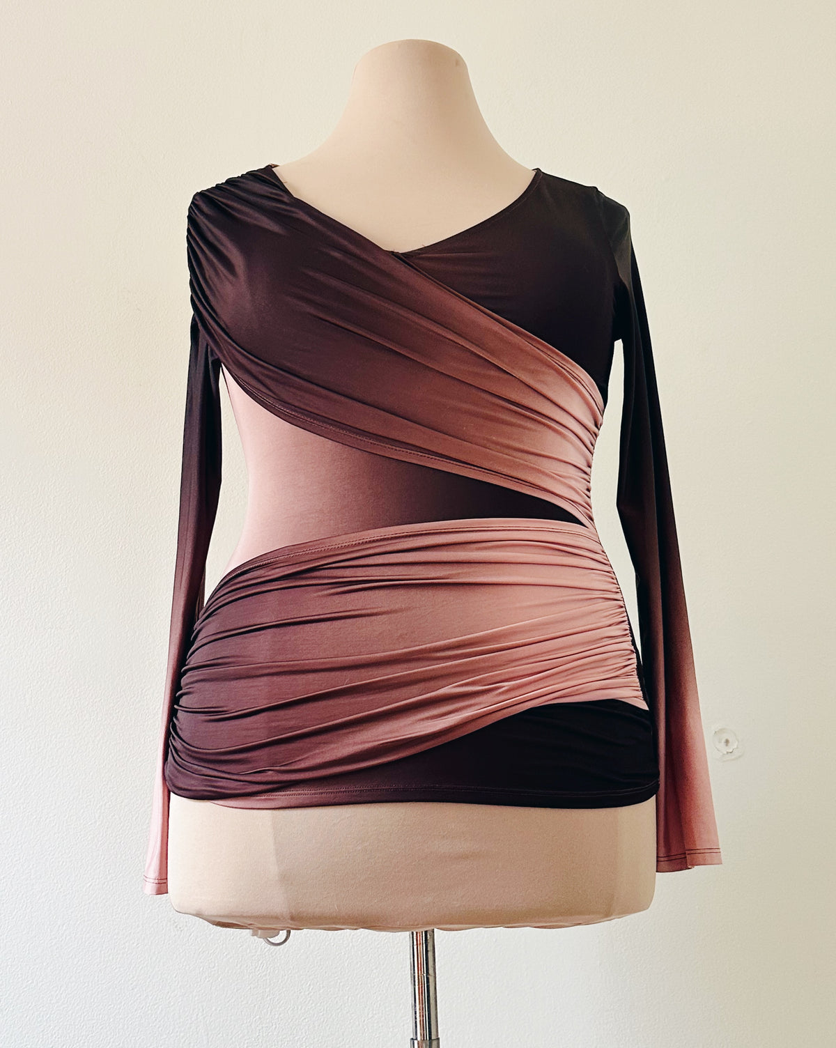 Vintage Y2K Venus Ombre Shirt, Asymmetric Long Sleeve Top, Plum to Peachy Rose Gradient, Layered Diagonal Statement Top